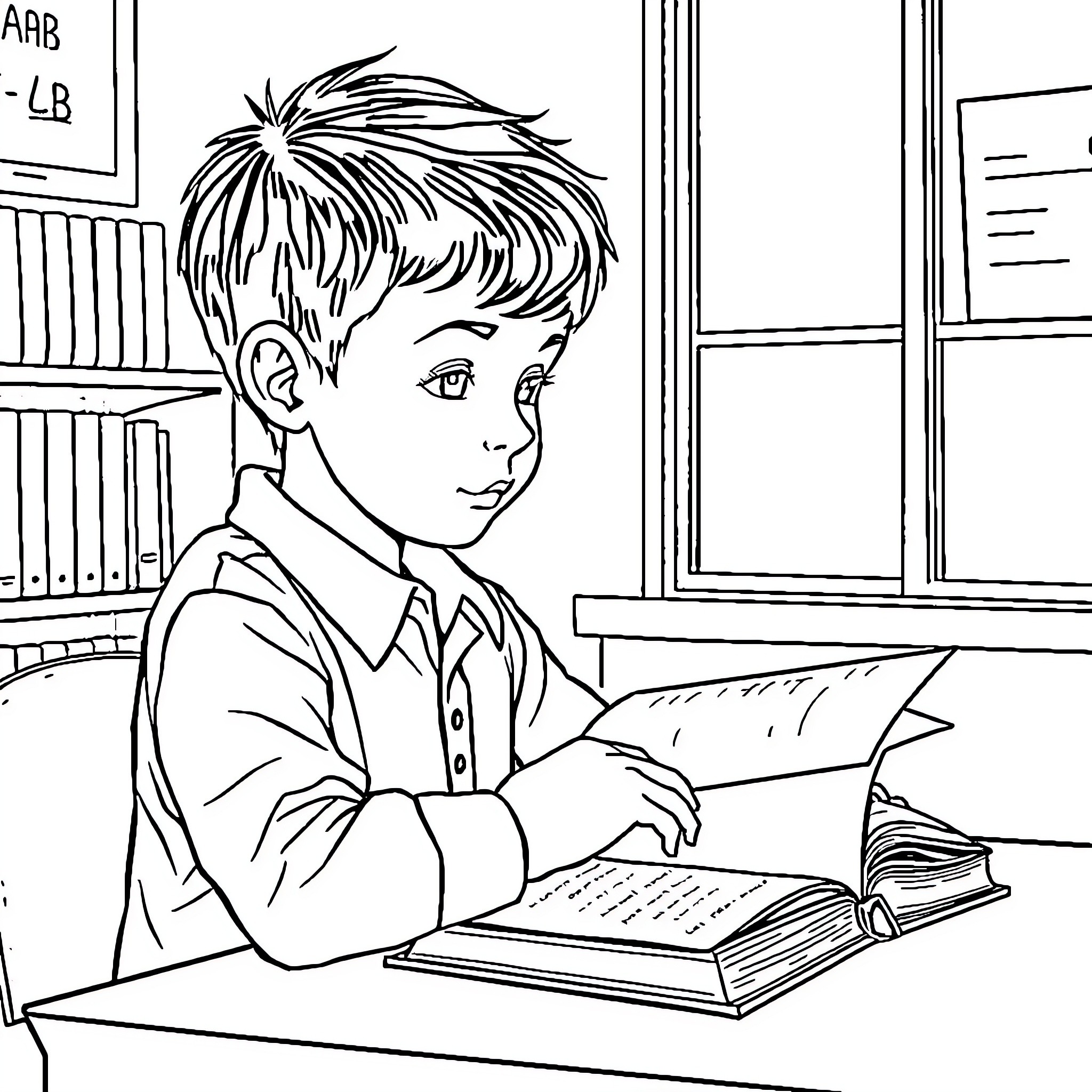 Boy studying diligently in the library Coloring Page (free black-and-white line drawing printable PDF for all, from beginners to advanced learners, including children, teens, adults, and seniors)
