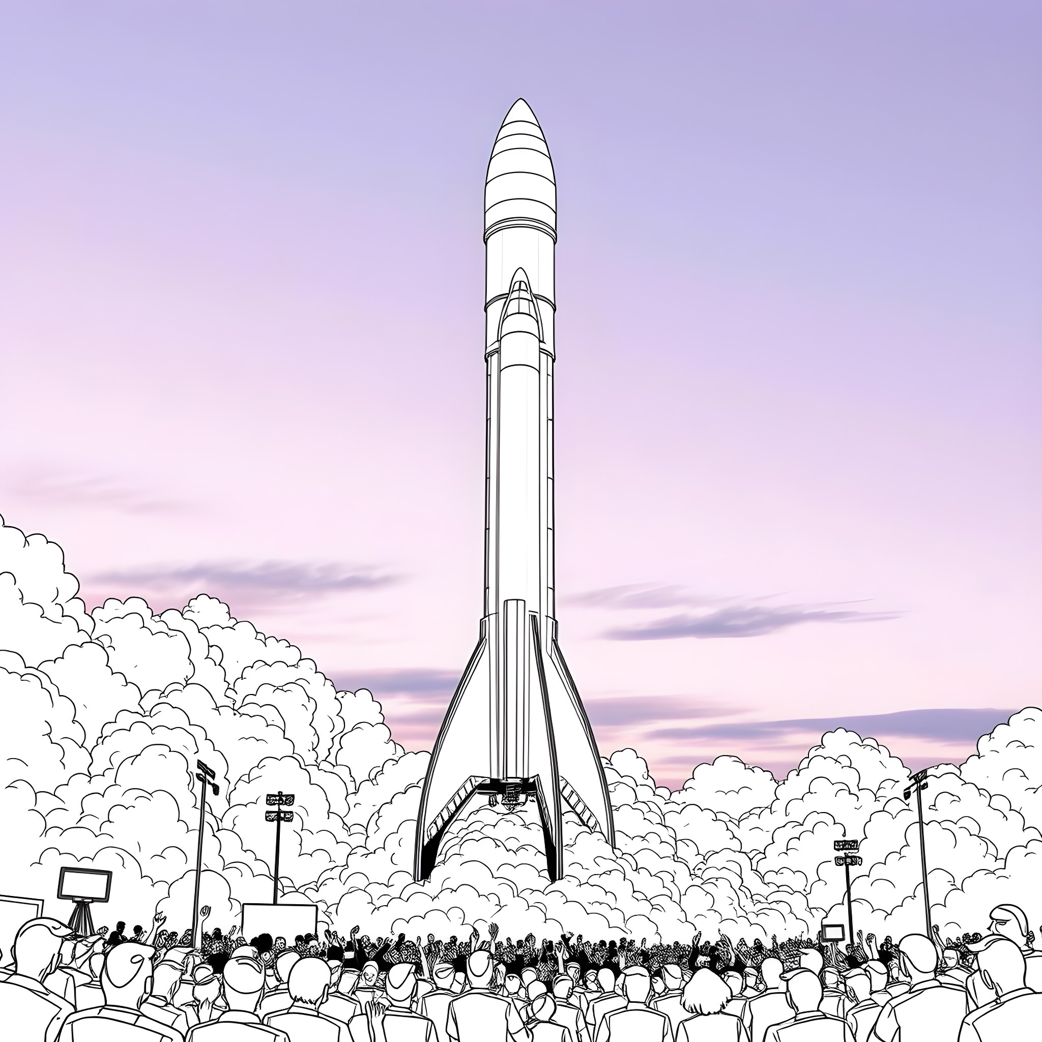 Starship launching with crowd watching Coloring Page (free black-and-white line drawing printable PDF for all, from beginners to advanced learners, including children, teens, adults, and seniors)