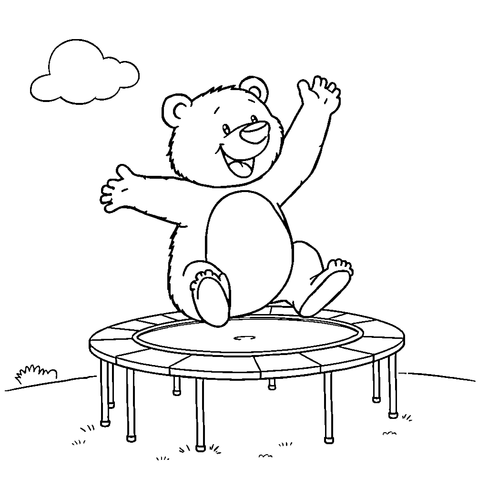 Bear enjoying a bouncy trampoline Coloring Page (free black-and-white line drawing printable PDF for all, from beginners to advanced learners, including children, teens, adults, and seniors)