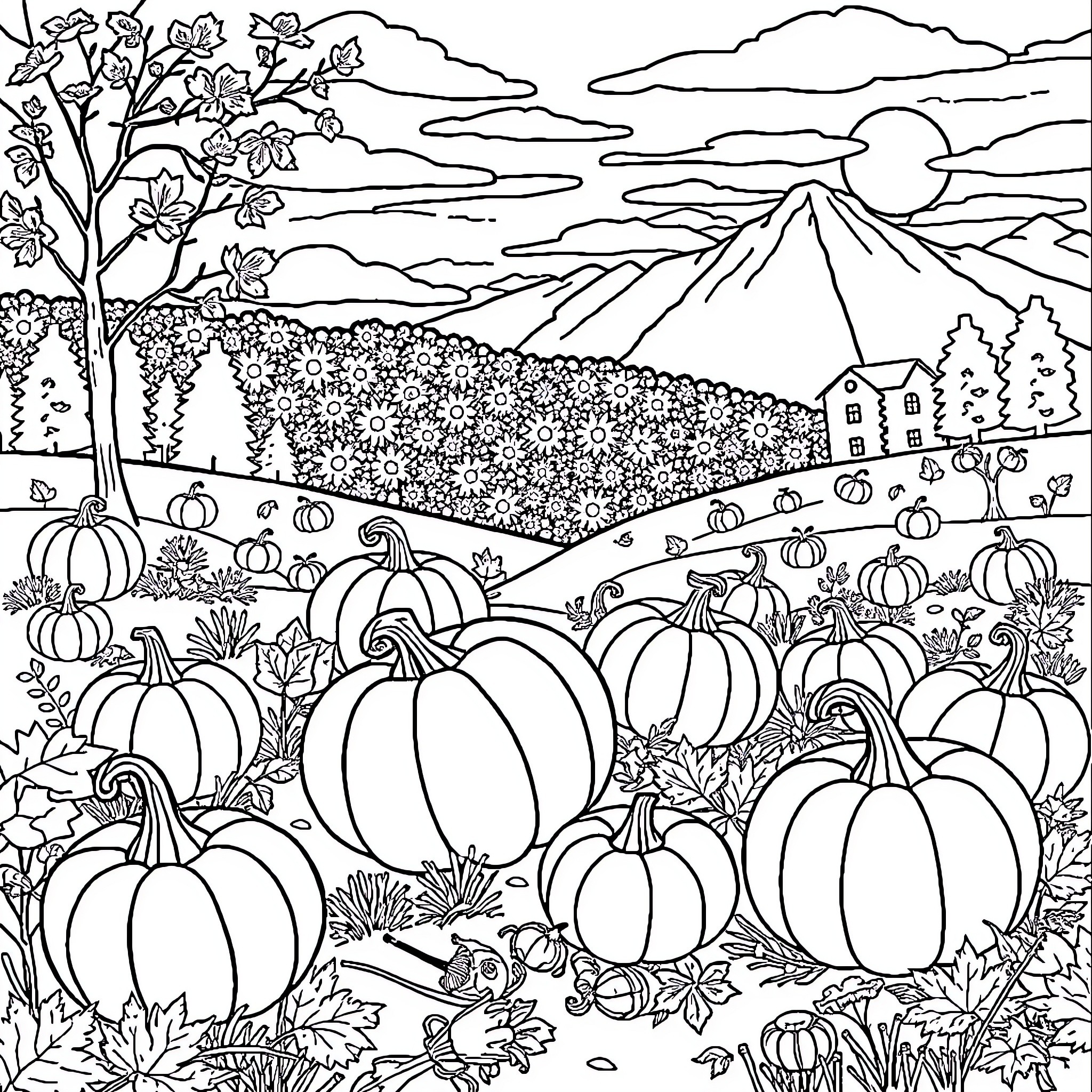 Pumpkin Patch in the Countryside Coloring Page (free black-and-white line drawing printable PDF for all, from beginners to advanced learners, including children, teens, adults, and seniors)