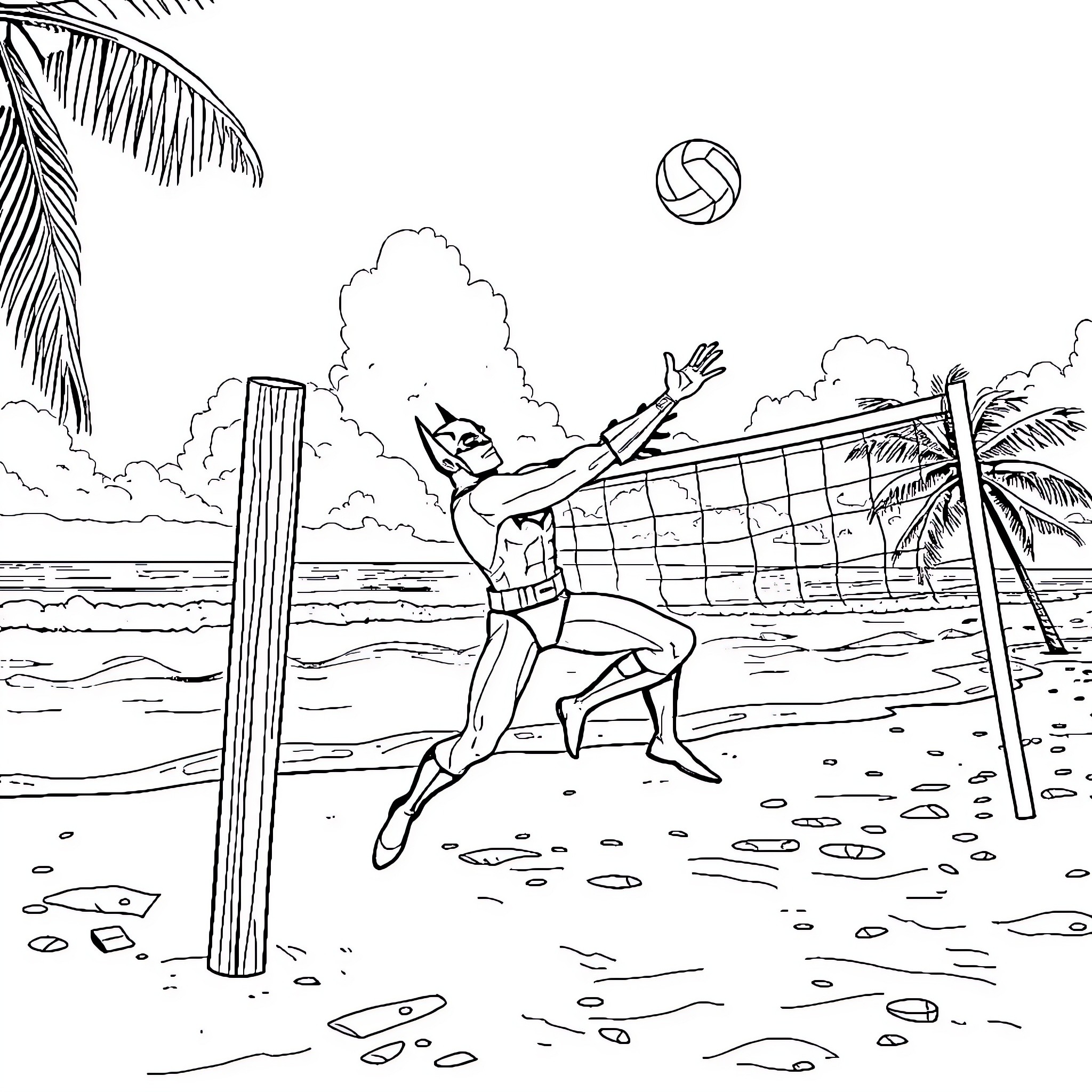Batman playing volleyball on a tropical beach Coloring Page (free black-and-white line drawing printable PDF for all, from beginners to advanced learners, including children, teens, adults, and seniors)