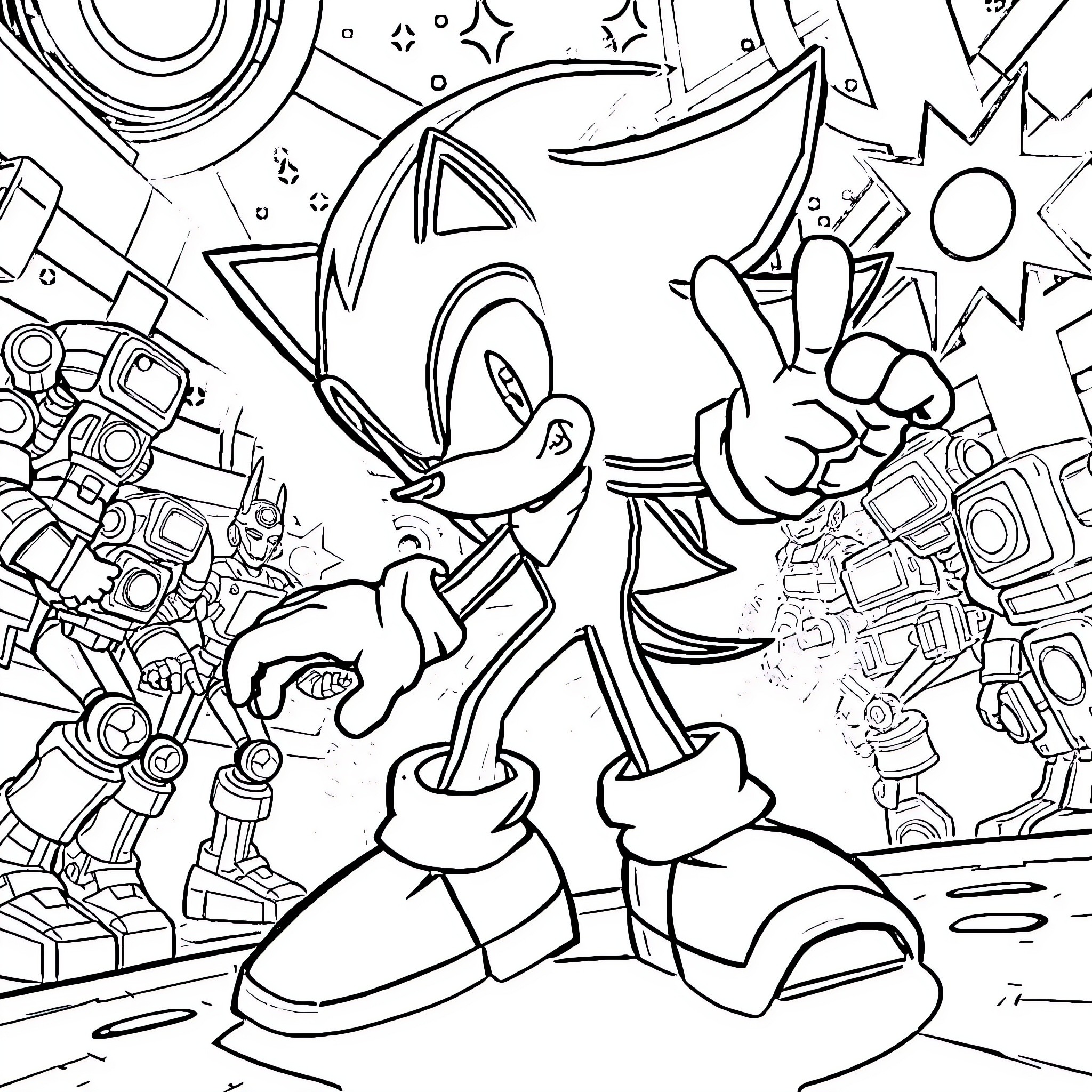 Shadow of a Playful Sonic the Hedgehog Character Coloring Page (free black-and-white line drawing printable PDF for all, from beginners to advanced learners, including children, teens, adults, and seniors)