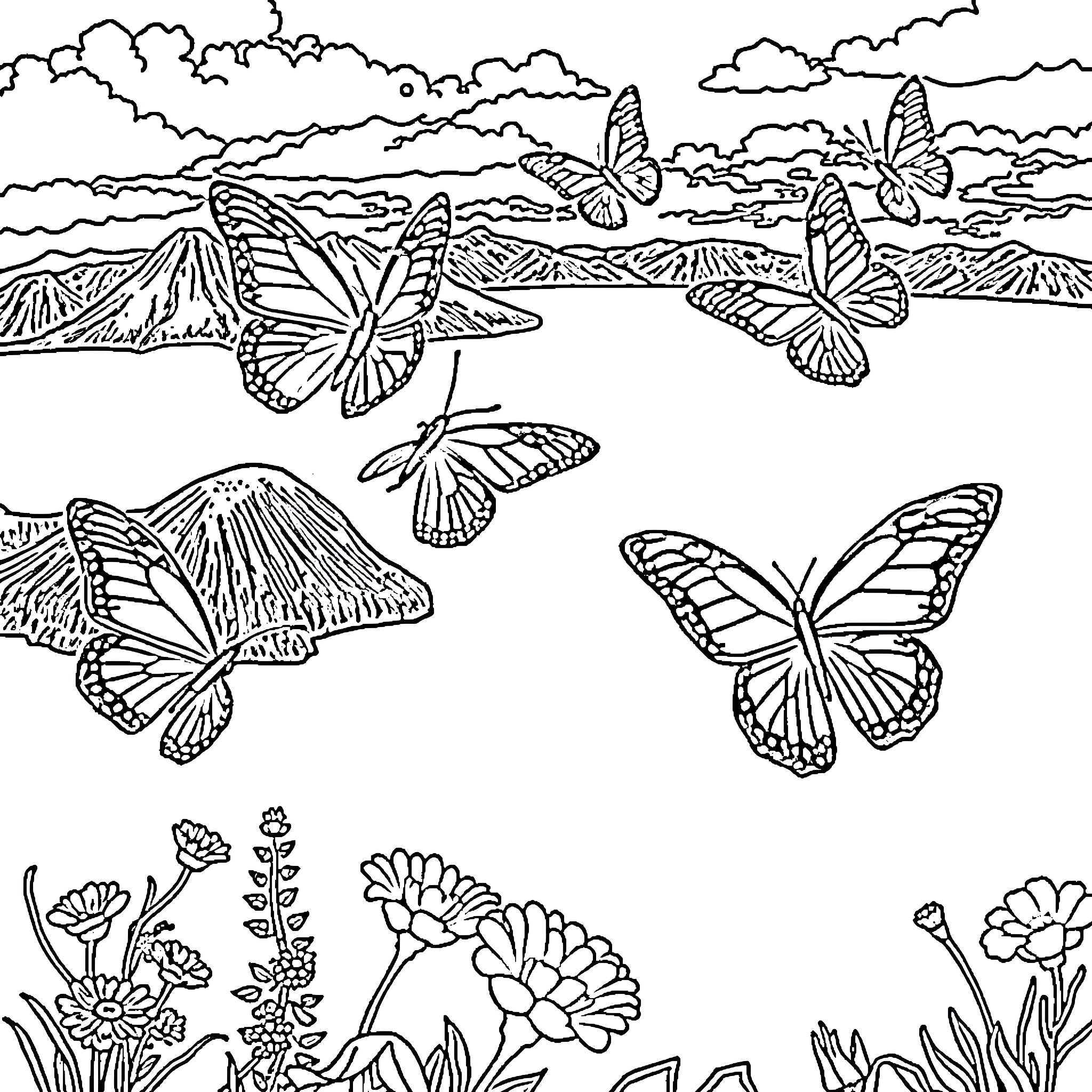 Butterfly Landscape with Blooming Flowers Coloring Page (free black-and-white line drawing printable PDF for all, from beginners to advanced learners, including children, teens, adults, and seniors)