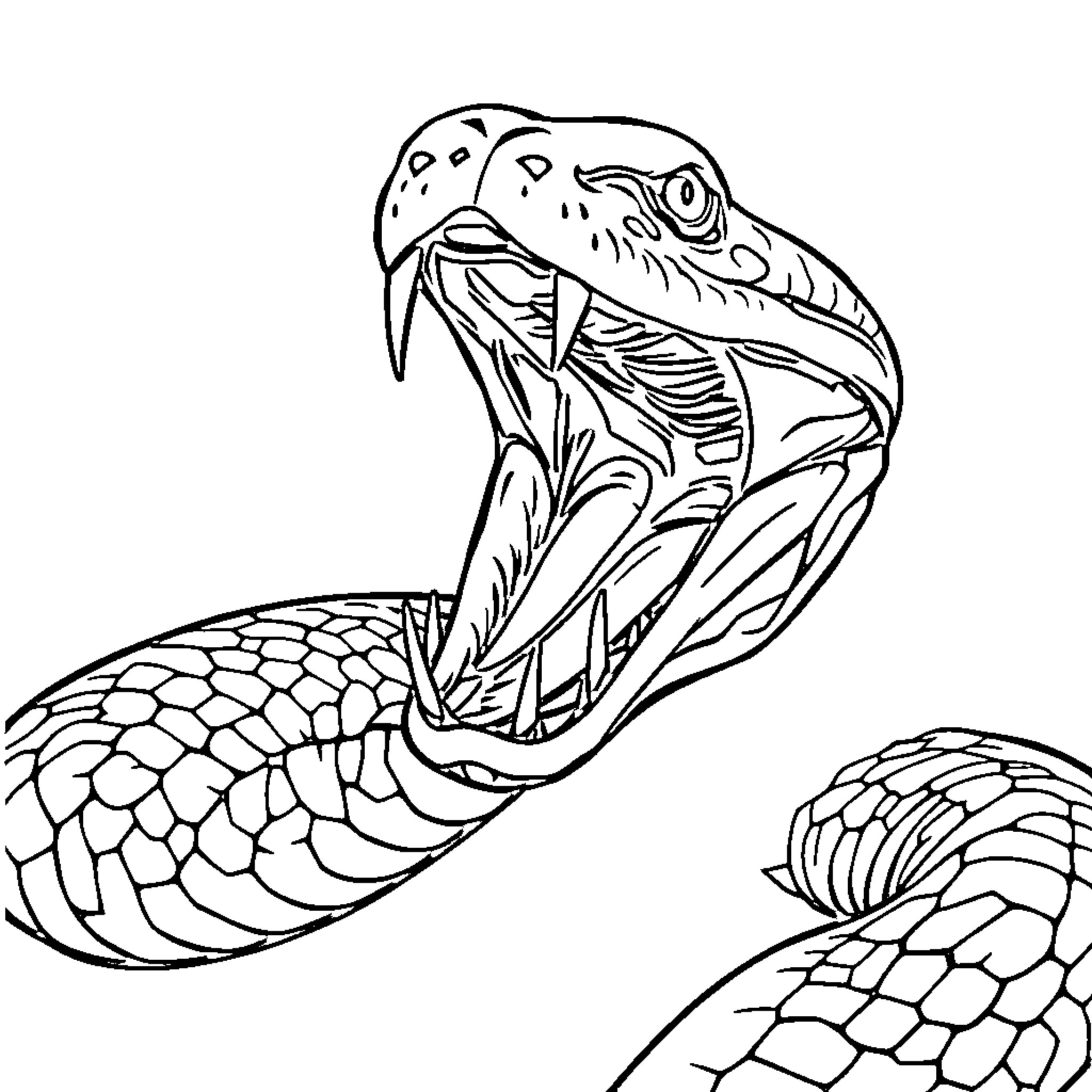 Snake Striking with Menacing Expression Coloring Page (free black-and-white line drawing printable PDF for all, from beginners to advanced learners, including children, teens, adults, and seniors)