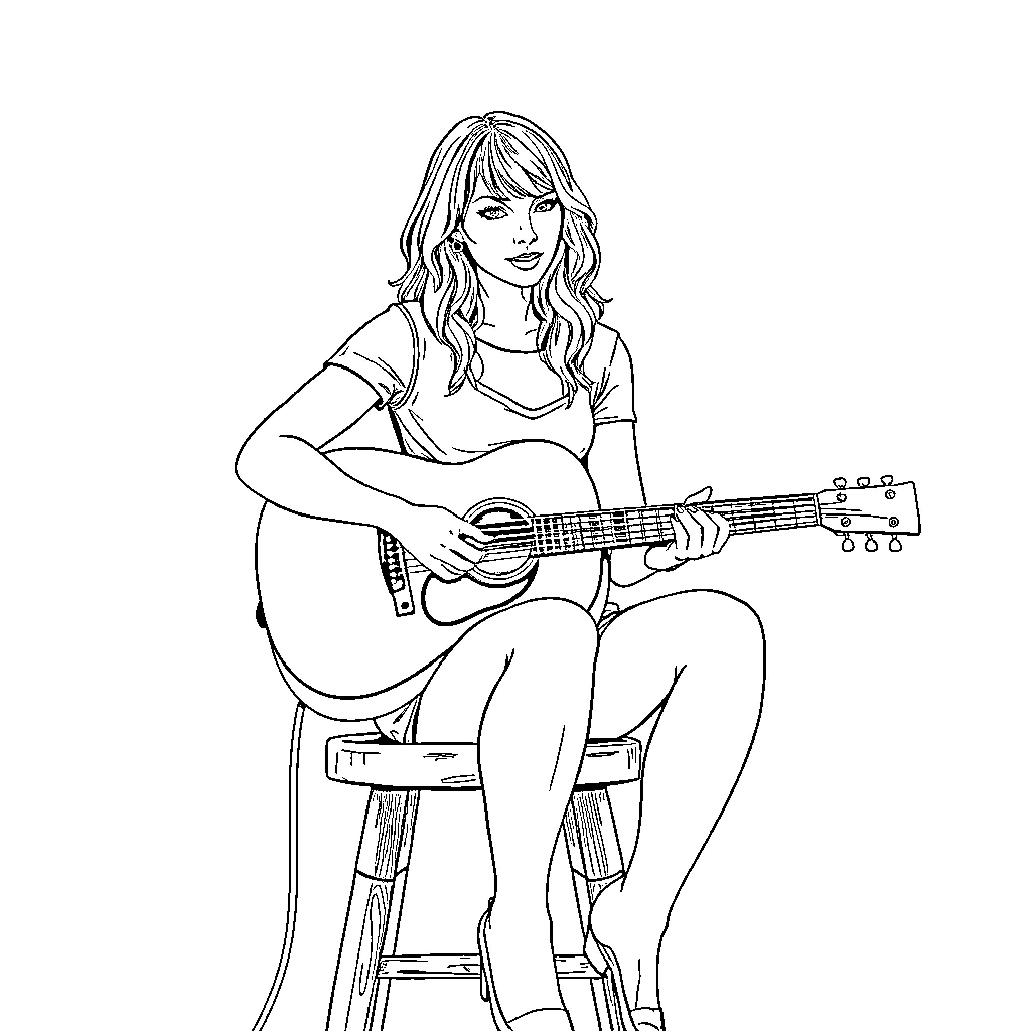 Taylor Swift playing guitar in a casual setting Coloring Page (free black-and-white line drawing printable PDF for all, from beginners to advanced learners, including children, teens, adults, and seniors)