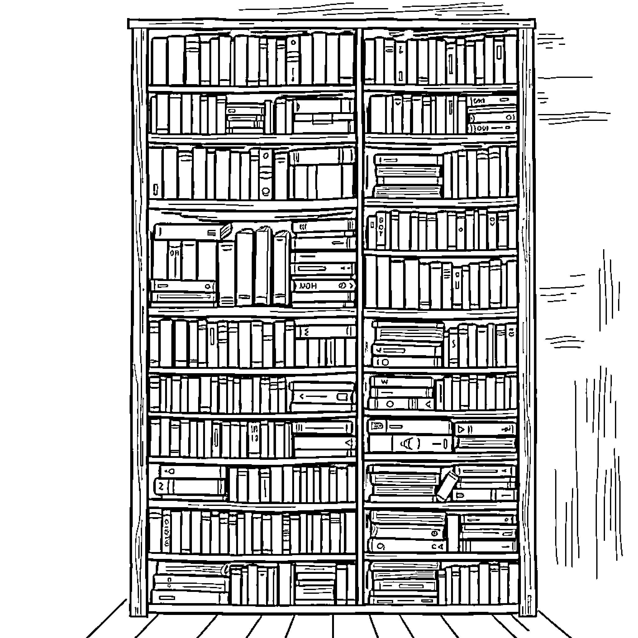 Book of Knowledge in Bookshelves Coloring Page (free black-and-white line drawing printable PDF for all, from beginners to advanced learners, including children, teens, adults, and seniors)
