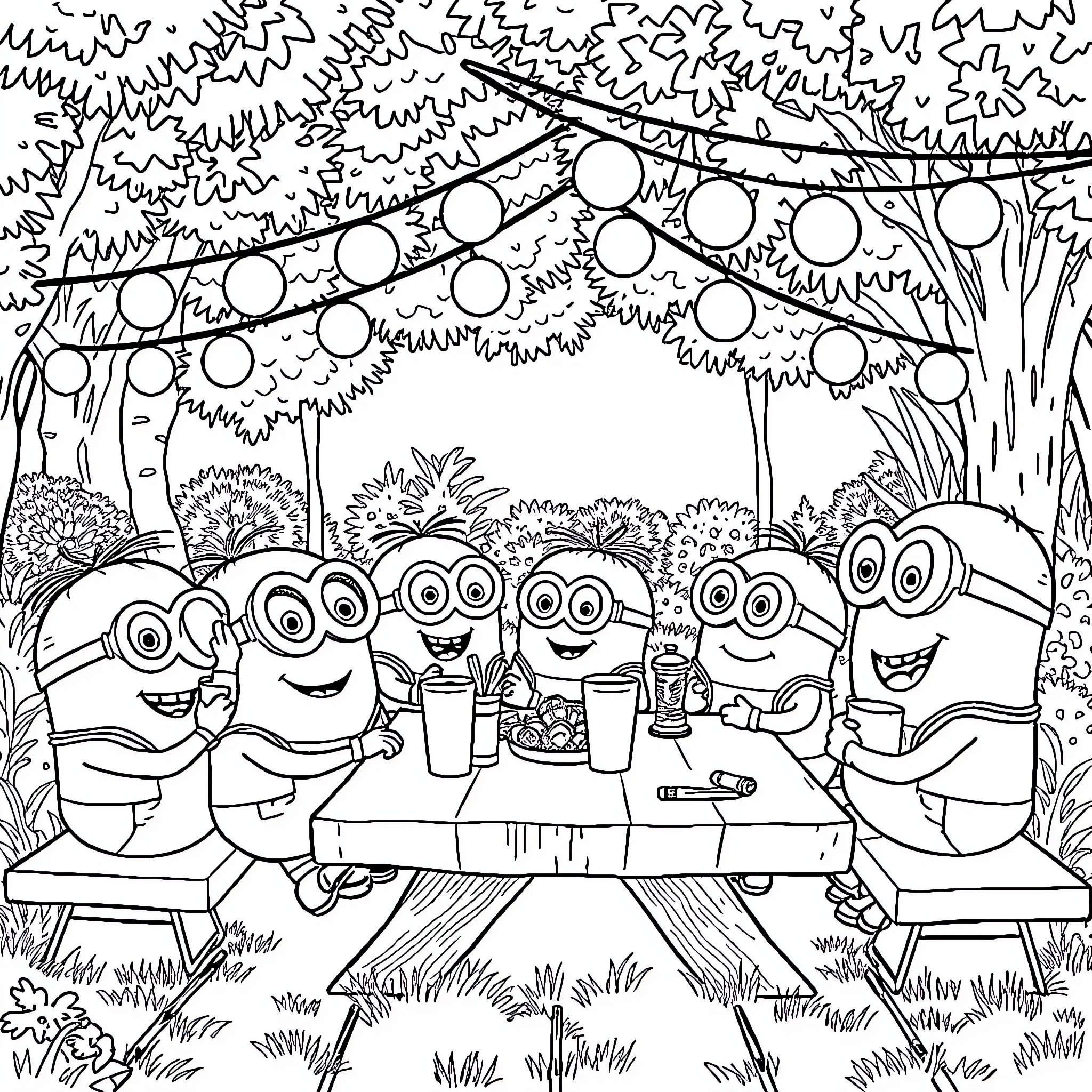 Minions enjoying a party in the forest Coloring Page (free black-and-white line drawing printable PDF for all, from beginners to advanced learners, including children, teens, adults, and seniors)