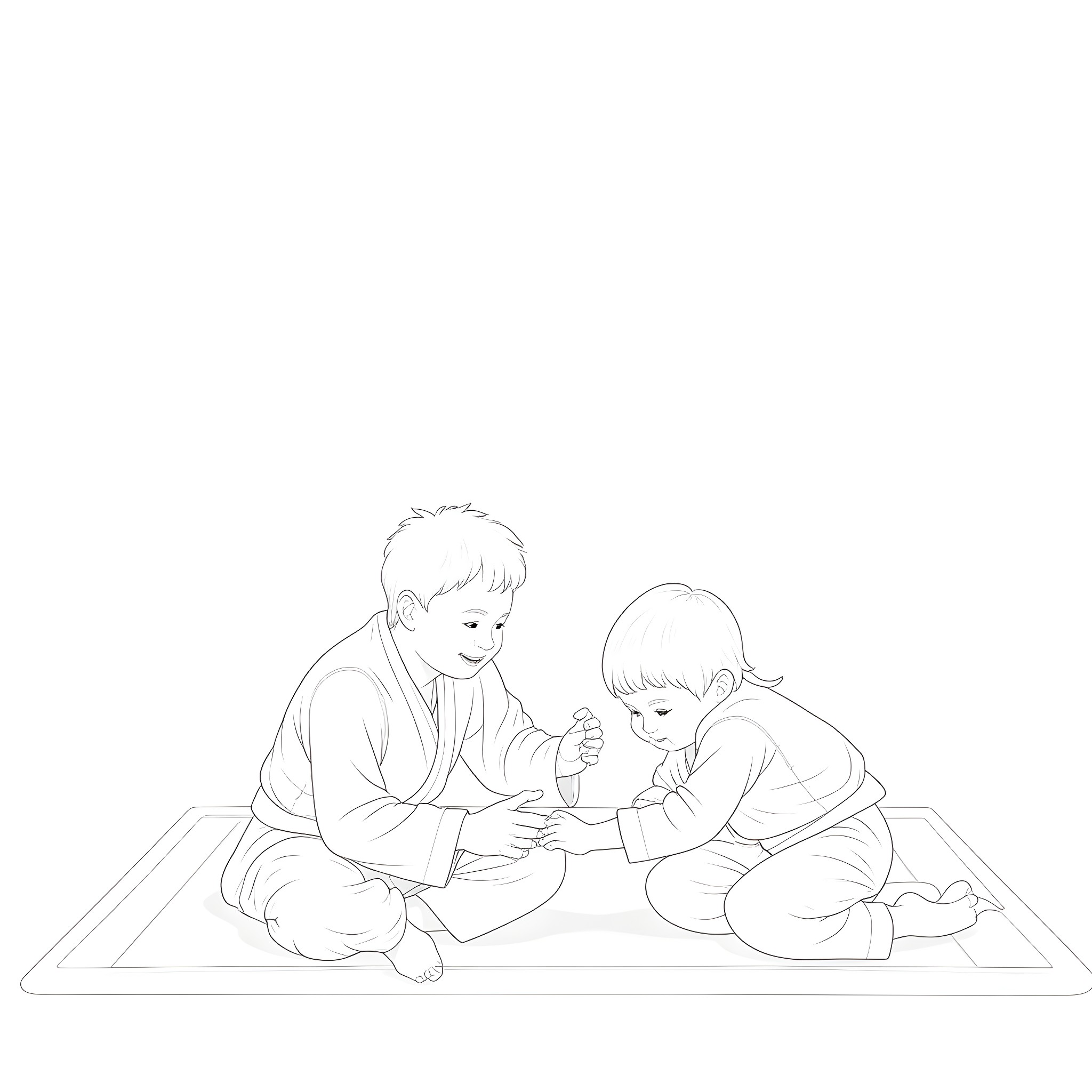 Bluey and sibling playing together on a blanket Coloring Page (free black-and-white line drawing printable PDF for all, from beginners to advanced learners, including children, teens, adults, and seniors)
