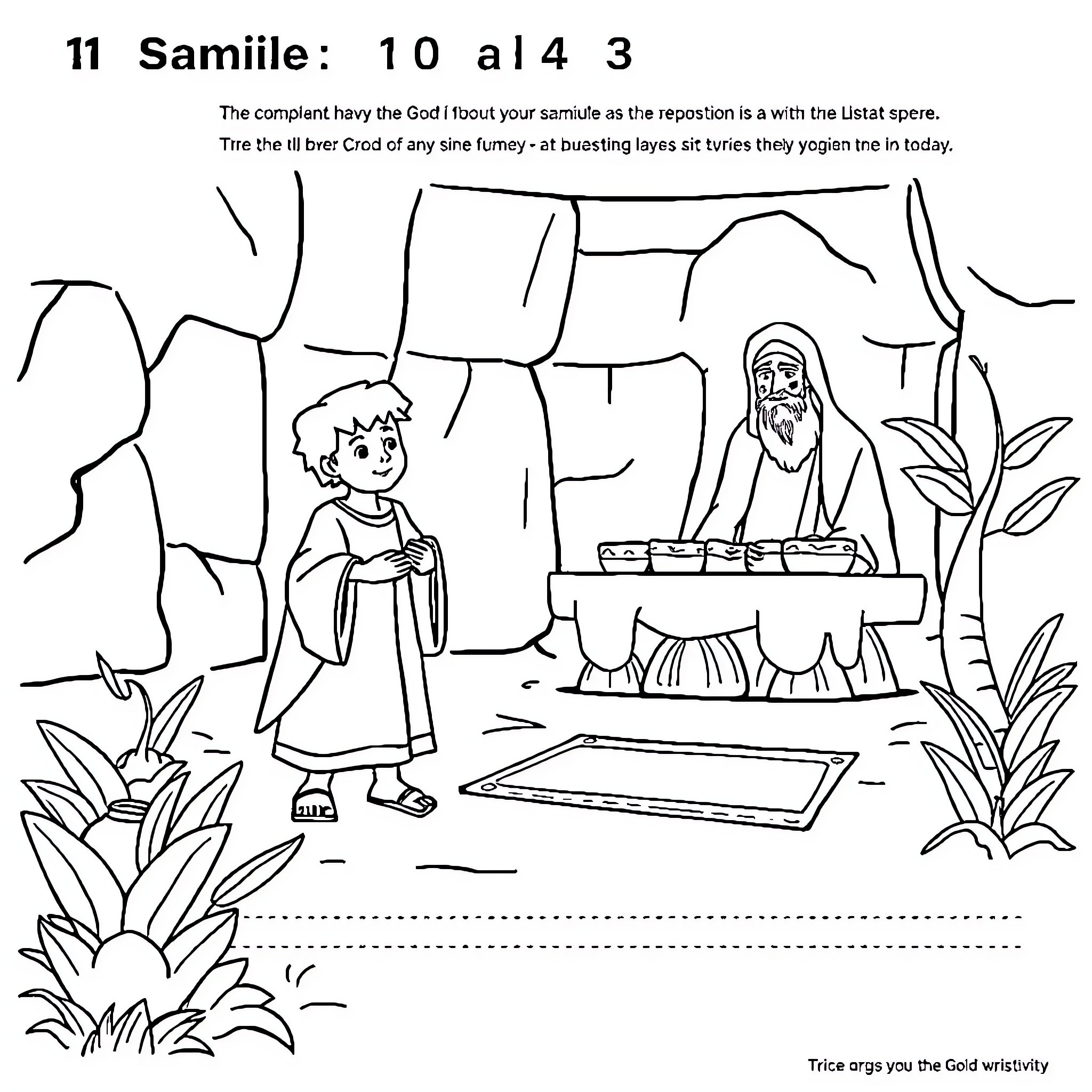 Samuel's Encounter with a Religious Figure in Nature Coloring Page (free black-and-white line drawing printable PDF for all, from beginners to advanced learners, including children, teens, adults, and seniors)
