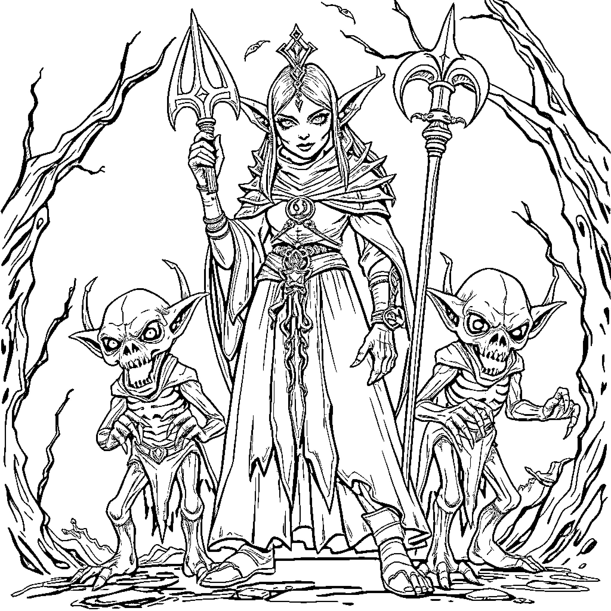 Goblin Sorceress Commanding Skeletal Minions Coloring Page (free black-and-white line drawing printable PDF for all, from beginners to advanced learners, including children, teens, adults, and seniors)