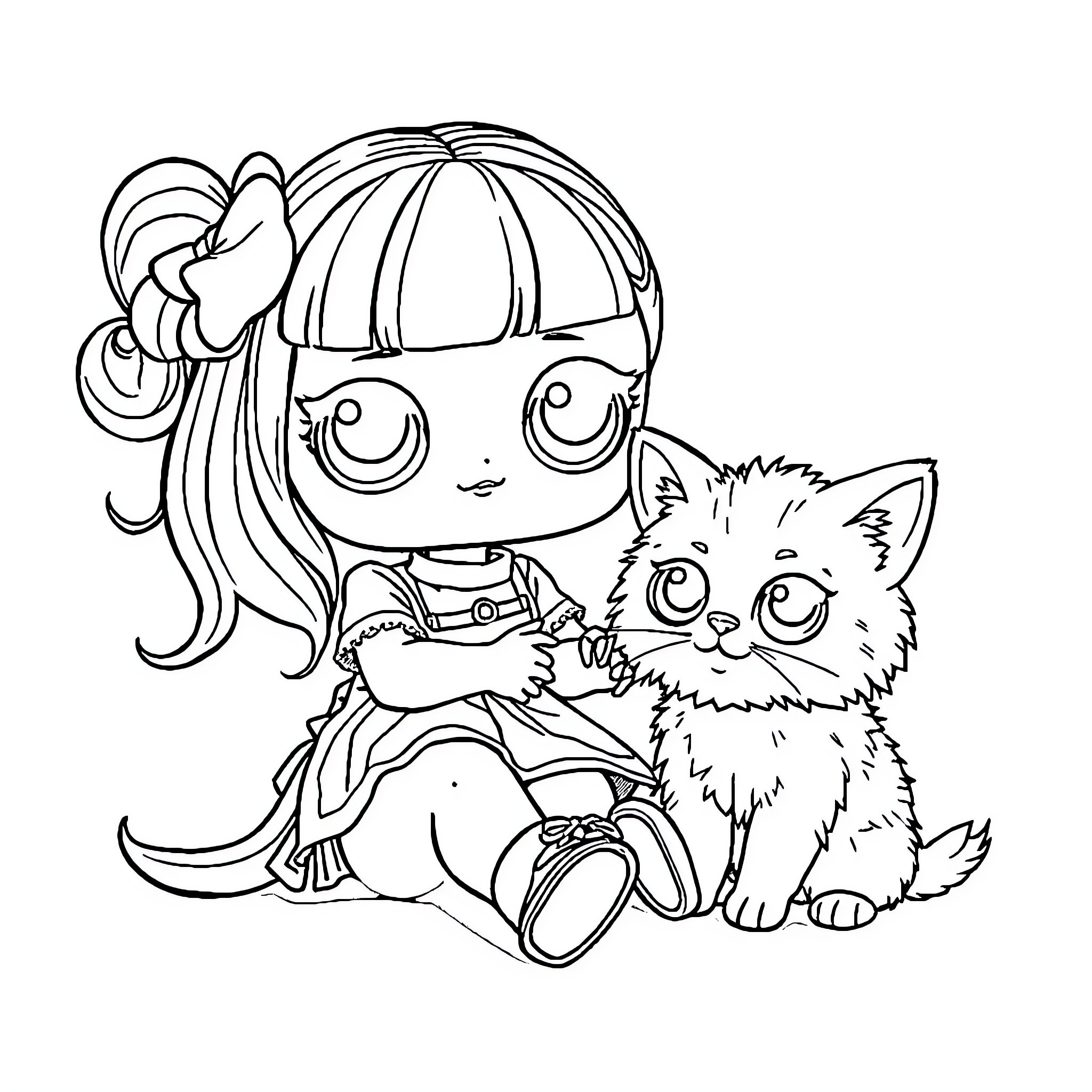 Doll playing with her pet cat Coloring Page (free black-and-white line drawing printable PDF for all, from beginners to advanced learners, including children, teens, adults, and seniors)