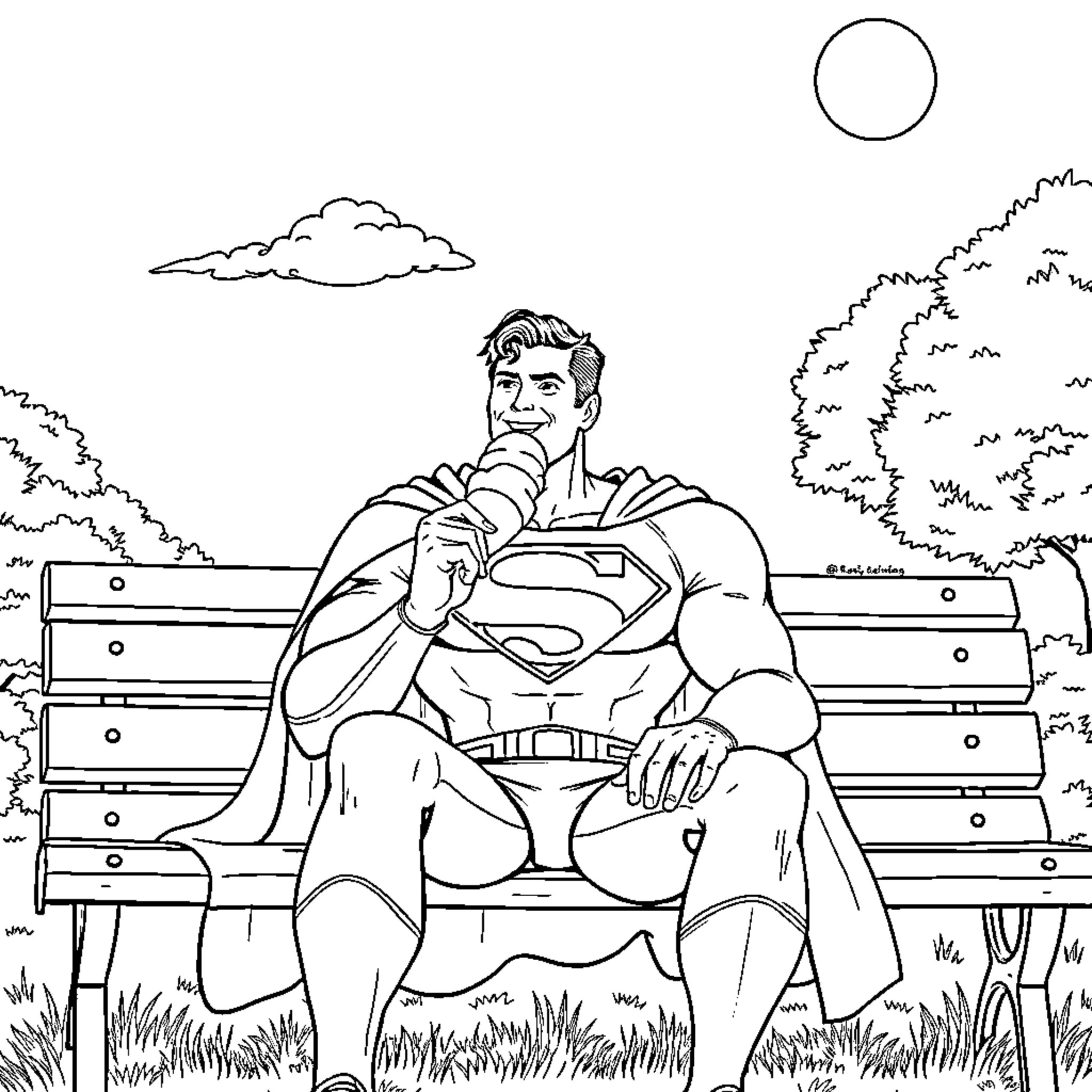 Superman resting on a park bench Coloring Page (free black-and-white line drawing printable PDF for all, from beginners to advanced learners, including children, teens, adults, and seniors)