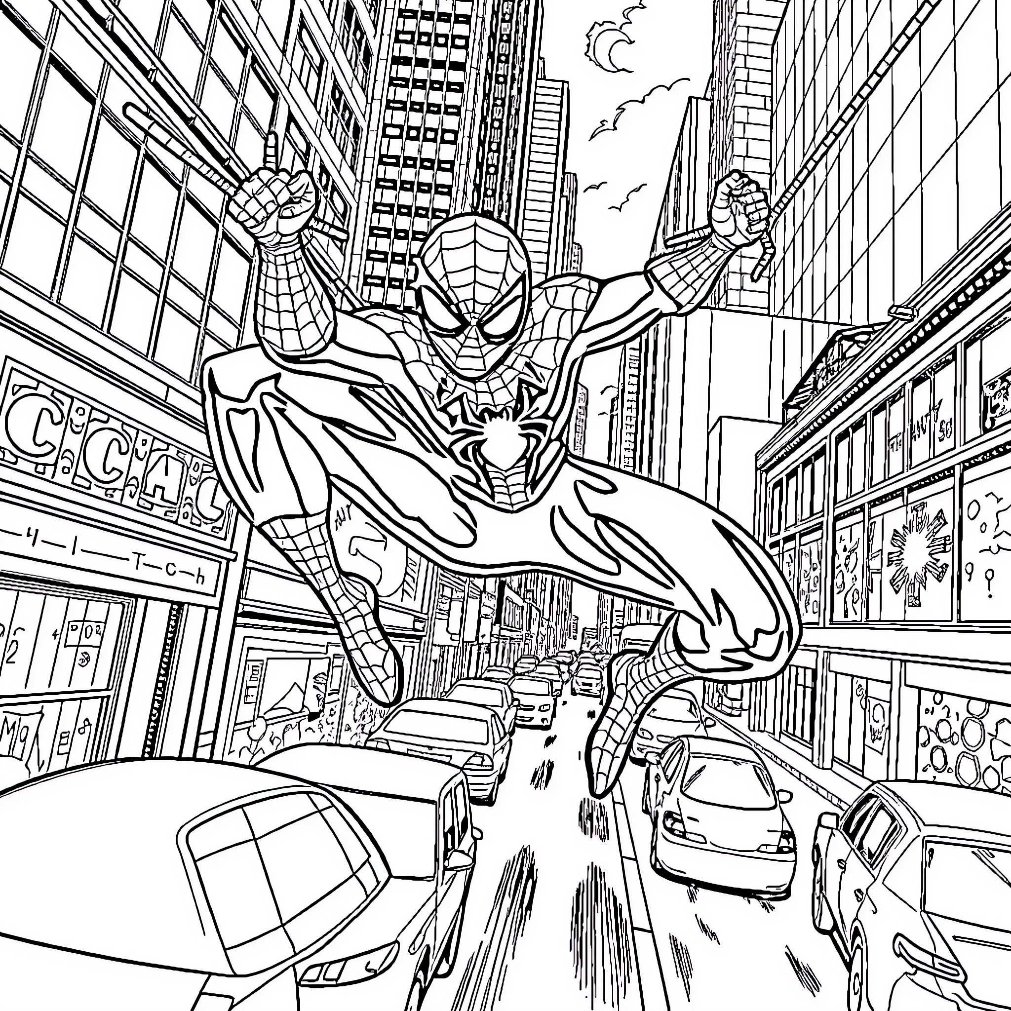 Spiderman swinging through the city streets Coloring Page (free black-and-white line drawing printable PDF for all, from beginners to advanced learners, including children, teens, adults, and seniors)