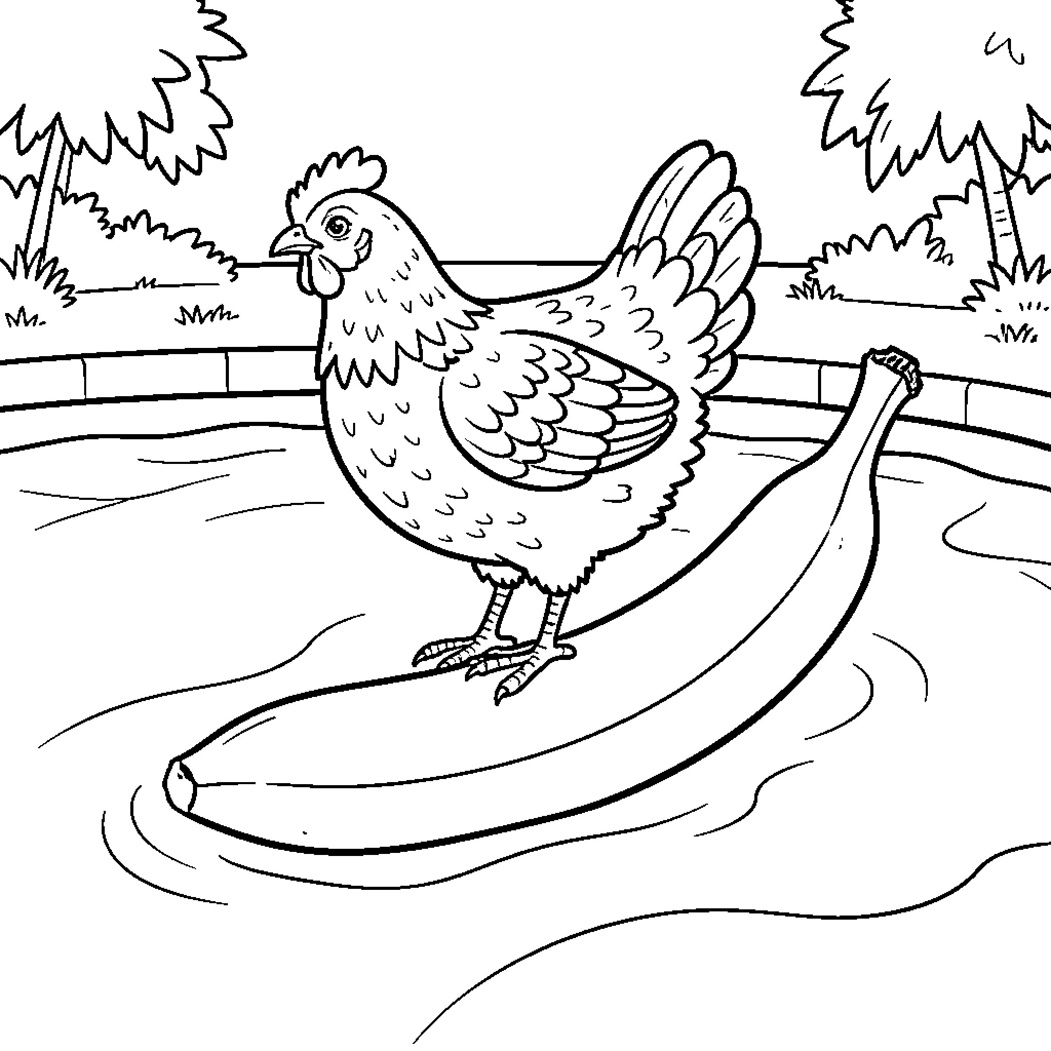 Chicken balancing on a banana floating in water Coloring Page (free black-and-white line drawing printable PDF for all, from beginners to advanced learners, including children, teens, adults, and seniors)