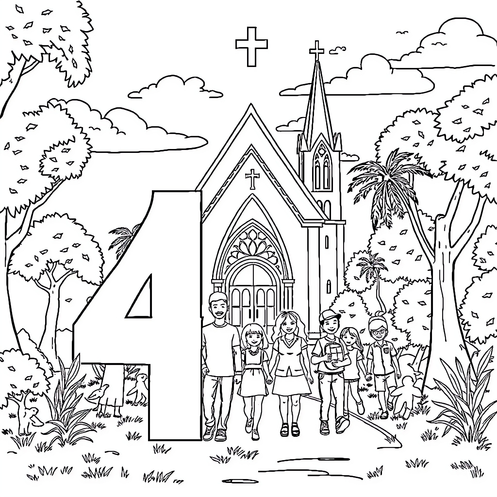 Number 4: People standing in front of a church Coloring Page (free black-and-white line drawing printable PDF for all, from beginners to advanced learners, including children, teens, adults, and seniors)