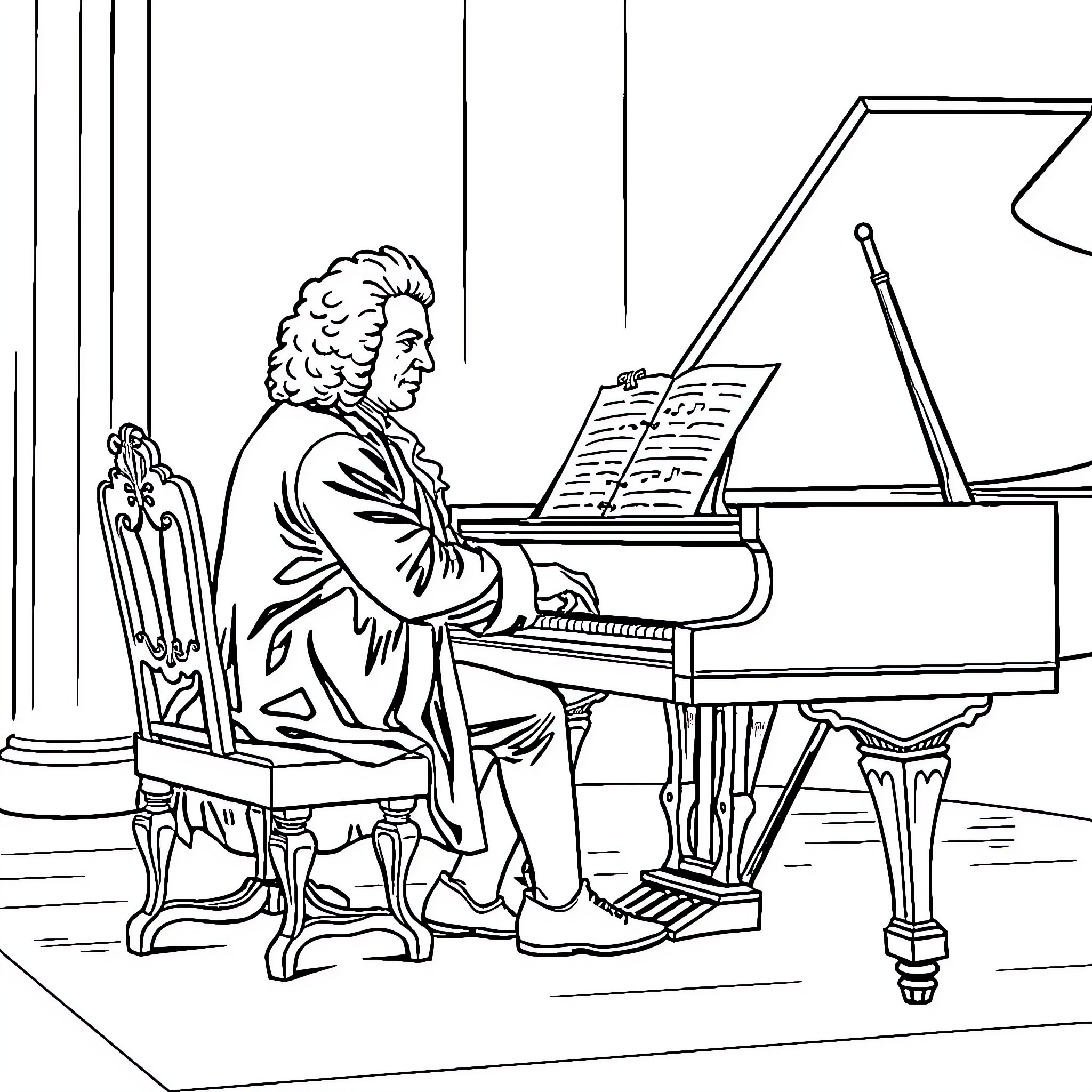 J.S. Bach Composing at the Piano Coloring Page (free black-and-white line drawing printable PDF for all, from beginners to advanced learners, including children, teens, adults, and seniors)
