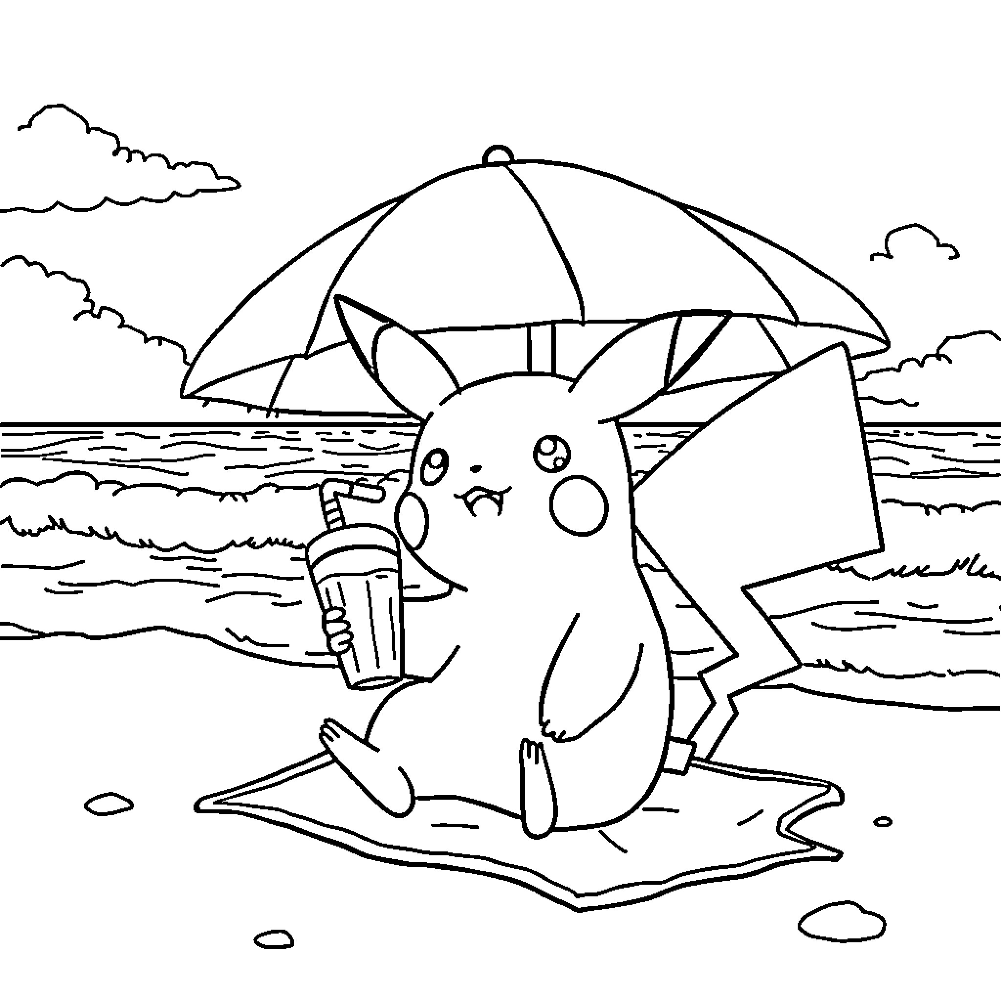 Pikachu relaxing on a beach under an umbrella Coloring Page (free black-and-white line drawing printable PDF for all, from beginners to advanced learners, including children, teens, adults, and seniors)