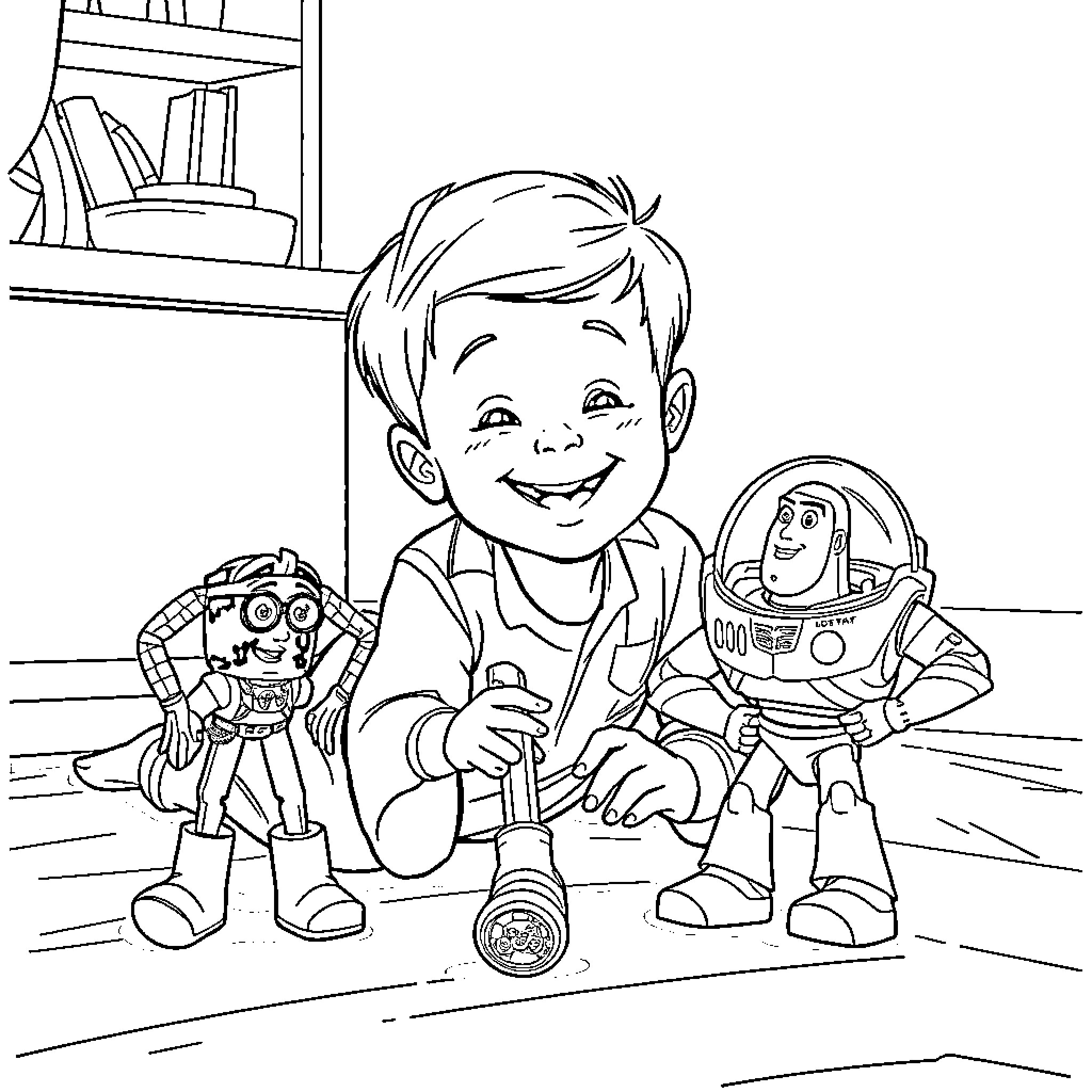 Boy Playing Happily with Toy Figurines Coloring Page (free black-and-white line drawing printable PDF for all, from beginners to advanced learners, including children, teens, adults, and seniors)