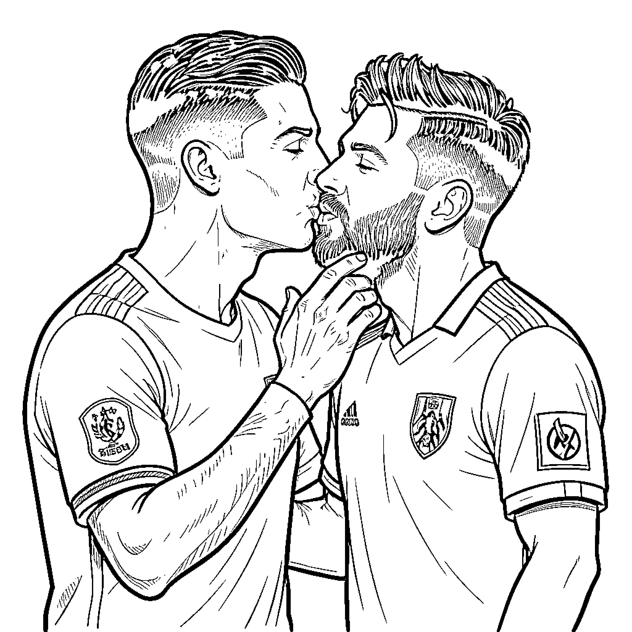 Cr7 and partner sharing a romantic kiss Coloring Page (free black-and-white line drawing printable PDF for all, from beginners to advanced learners, including children, teens, adults, and seniors)