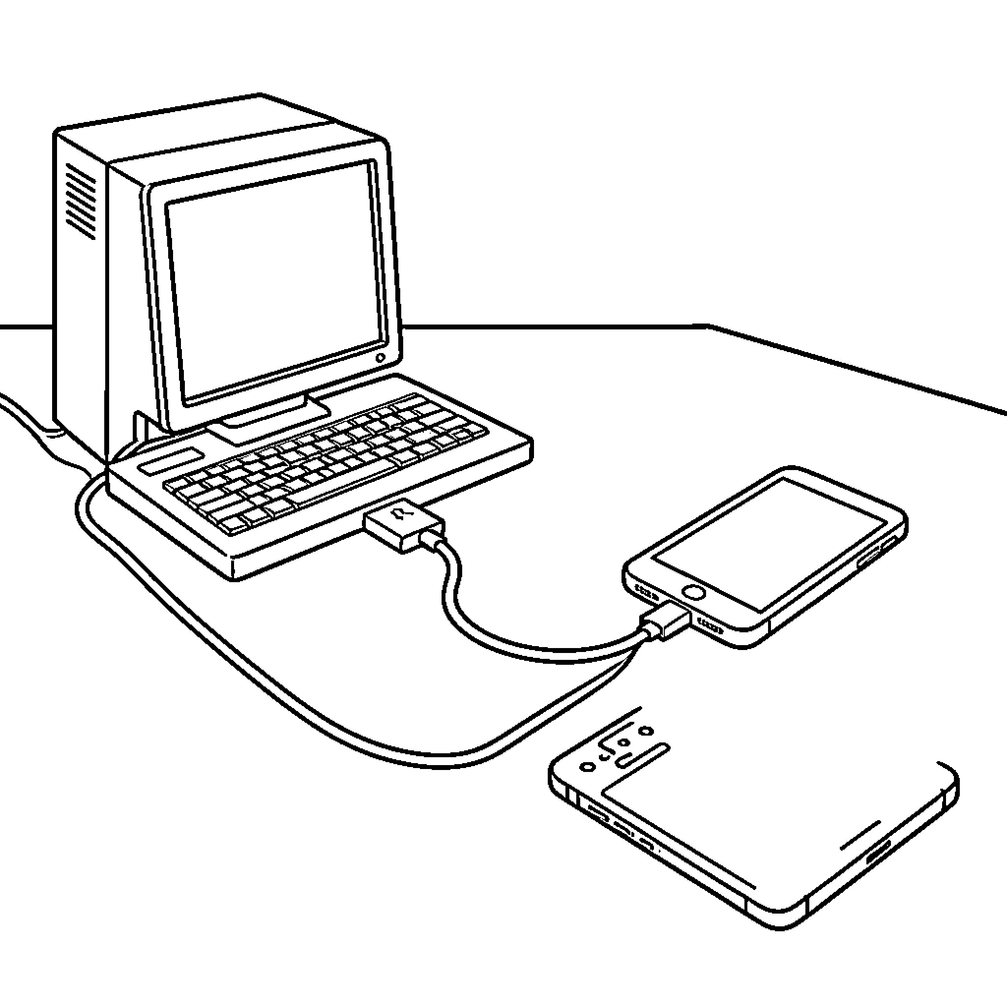 USB Cable connecting electronic devices Coloring Page (free black-and-white line drawing printable PDF for all, from beginners to advanced learners, including children, teens, adults, and seniors)