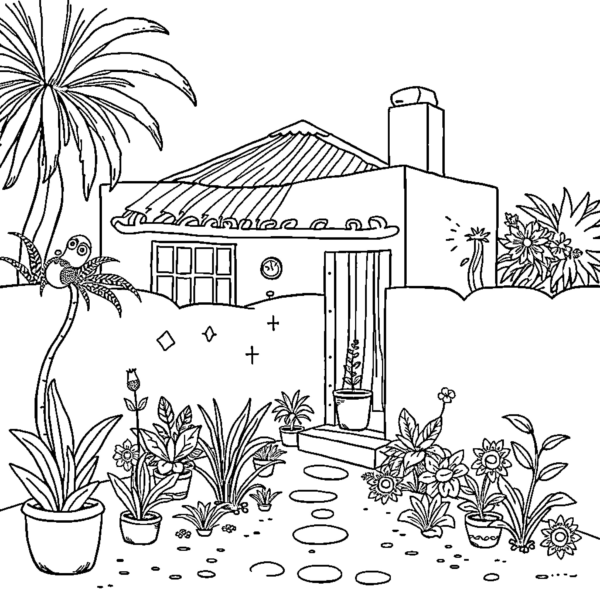Home surrounded by lush garden and nature Coloring Page (free black-and-white line drawing printable PDF for all, from beginners to advanced learners, including children, teens, adults, and seniors)