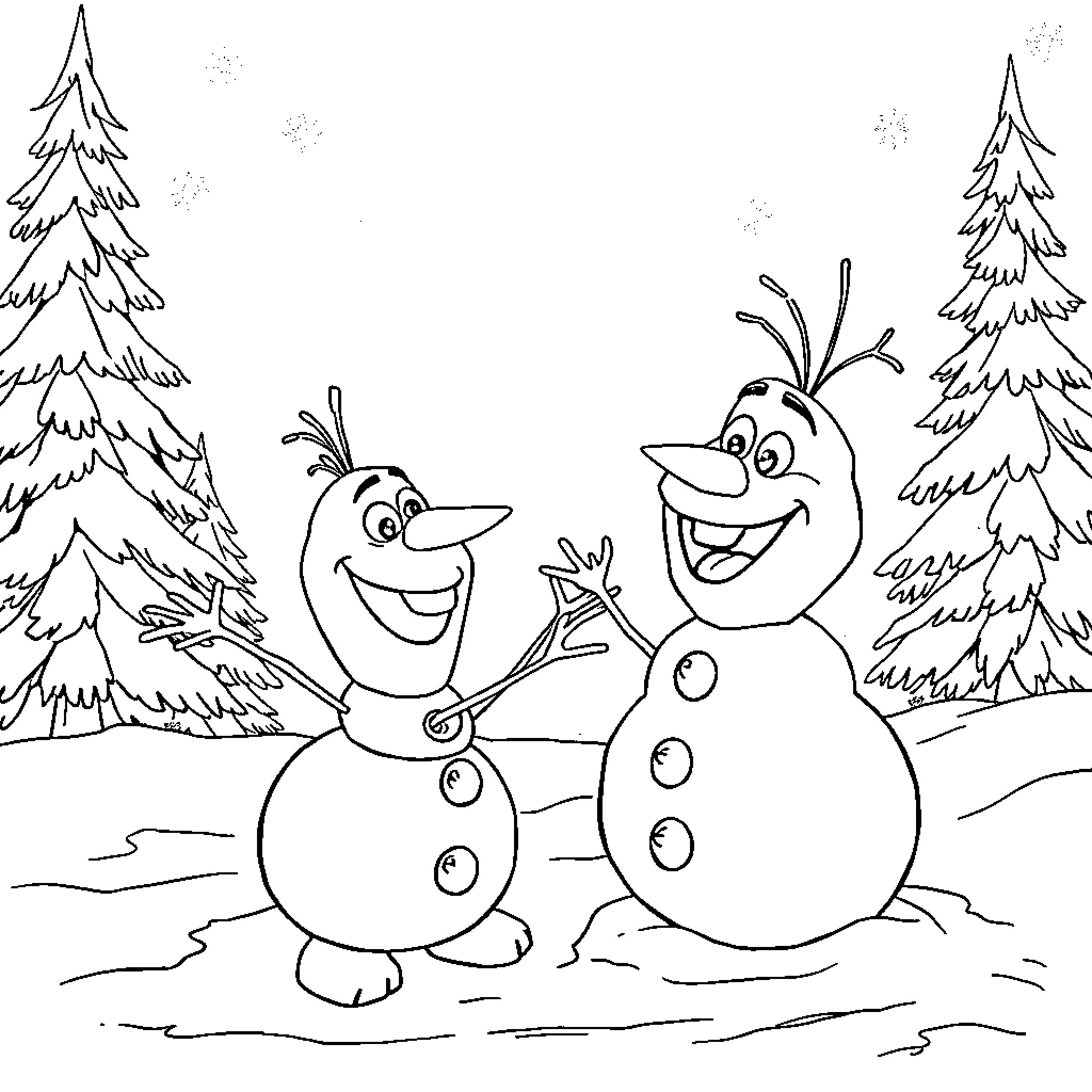 Olaf and friends build snowy figures in the winter Coloring Page (free black-and-white line drawing printable PDF for all, from beginners to advanced learners, including children, teens, adults, and seniors)