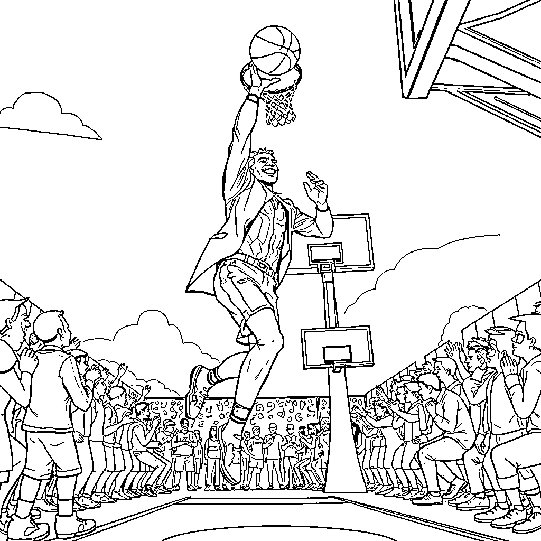 Joker dunking basketball in a crowded stadium Coloring Page (free black-and-white line drawing printable PDF for all, from beginners to advanced learners, including children, teens, adults, and seniors)