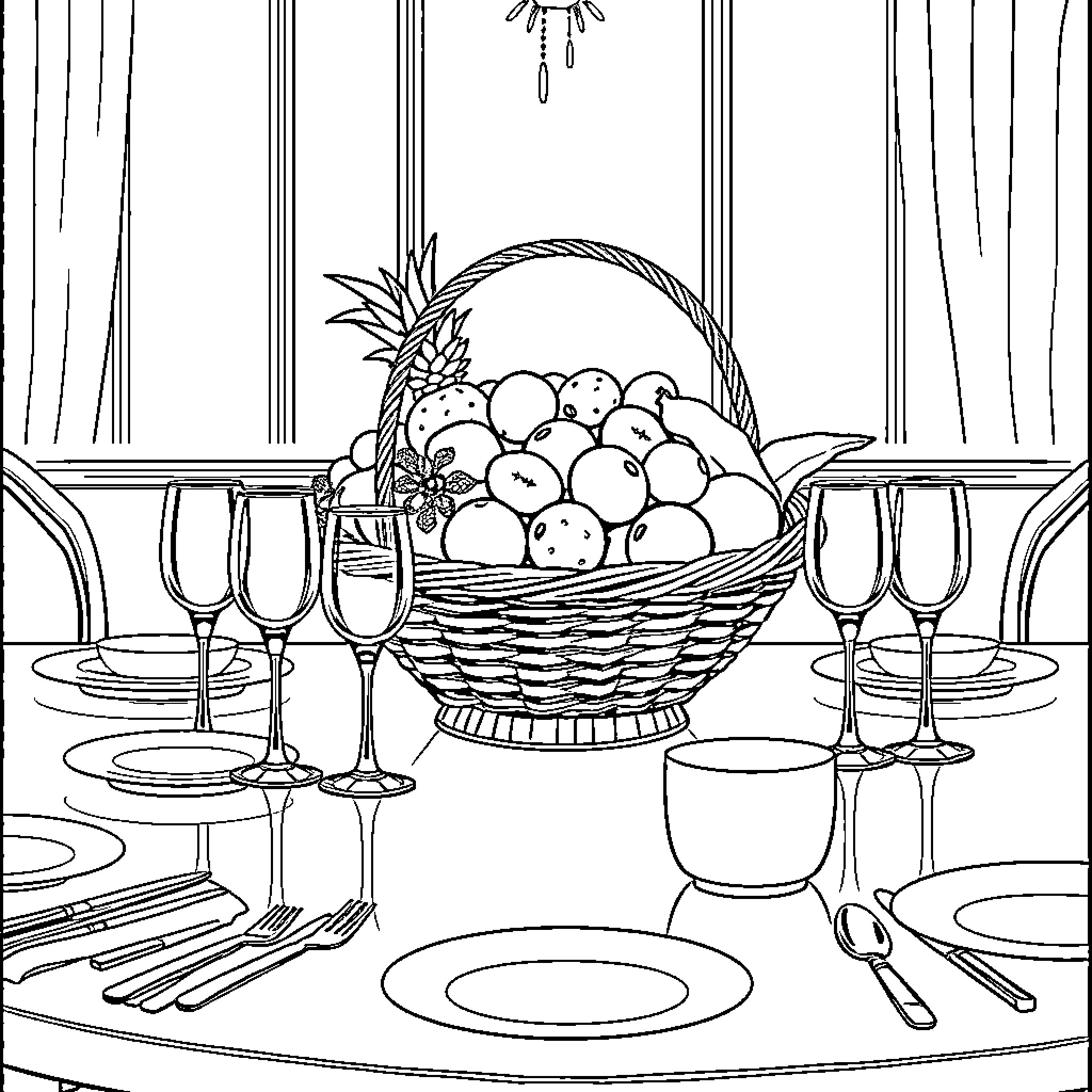 Fruit Basket on Elegant Dining Table Coloring Page (free black-and-white line drawing printable PDF for all, from beginners to advanced learners, including children, teens, adults, and seniors)