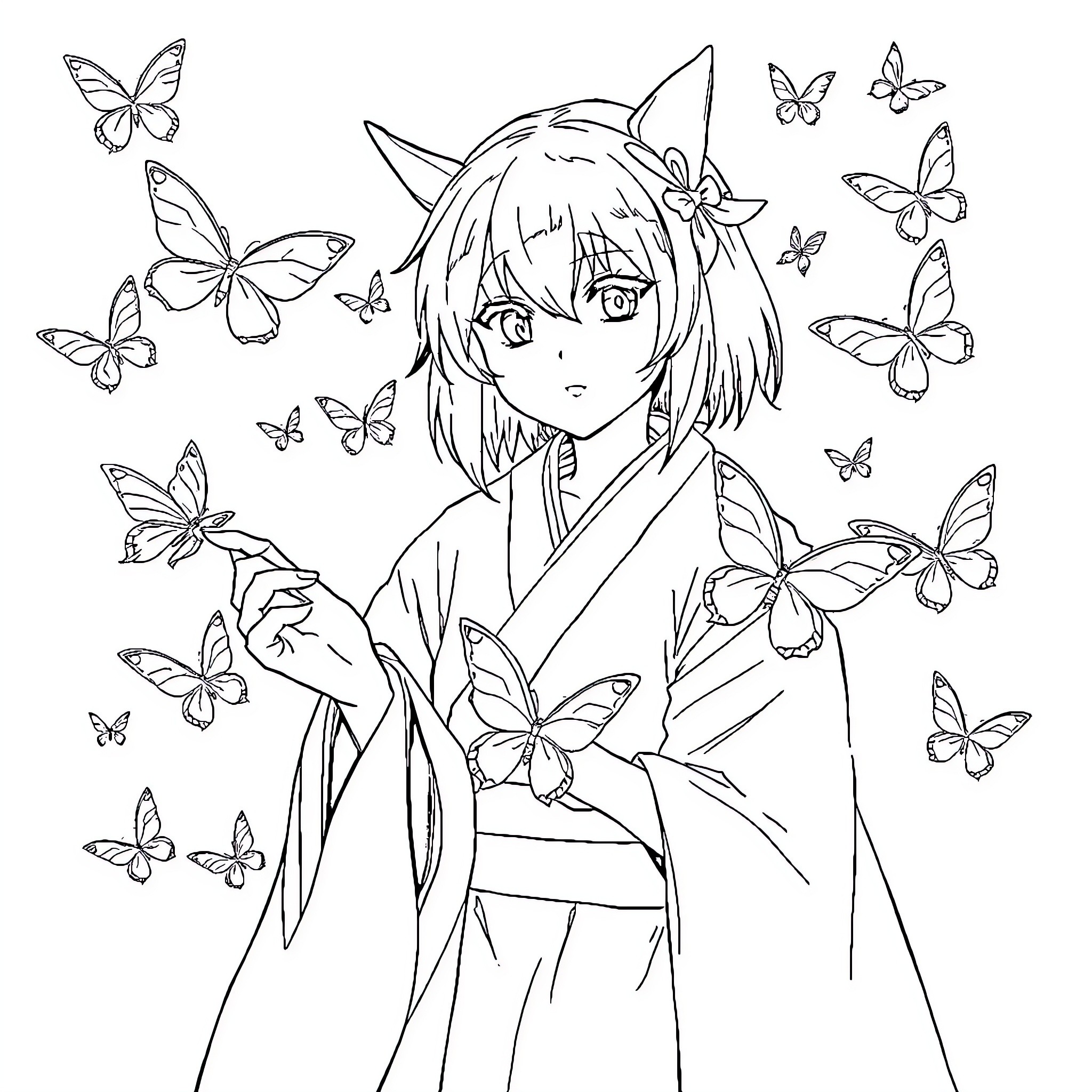Konan surrounded by ethereal butterflies Coloring Page (free black-and-white line drawing printable PDF for all, from beginners to advanced learners, including children, teens, adults, and seniors)