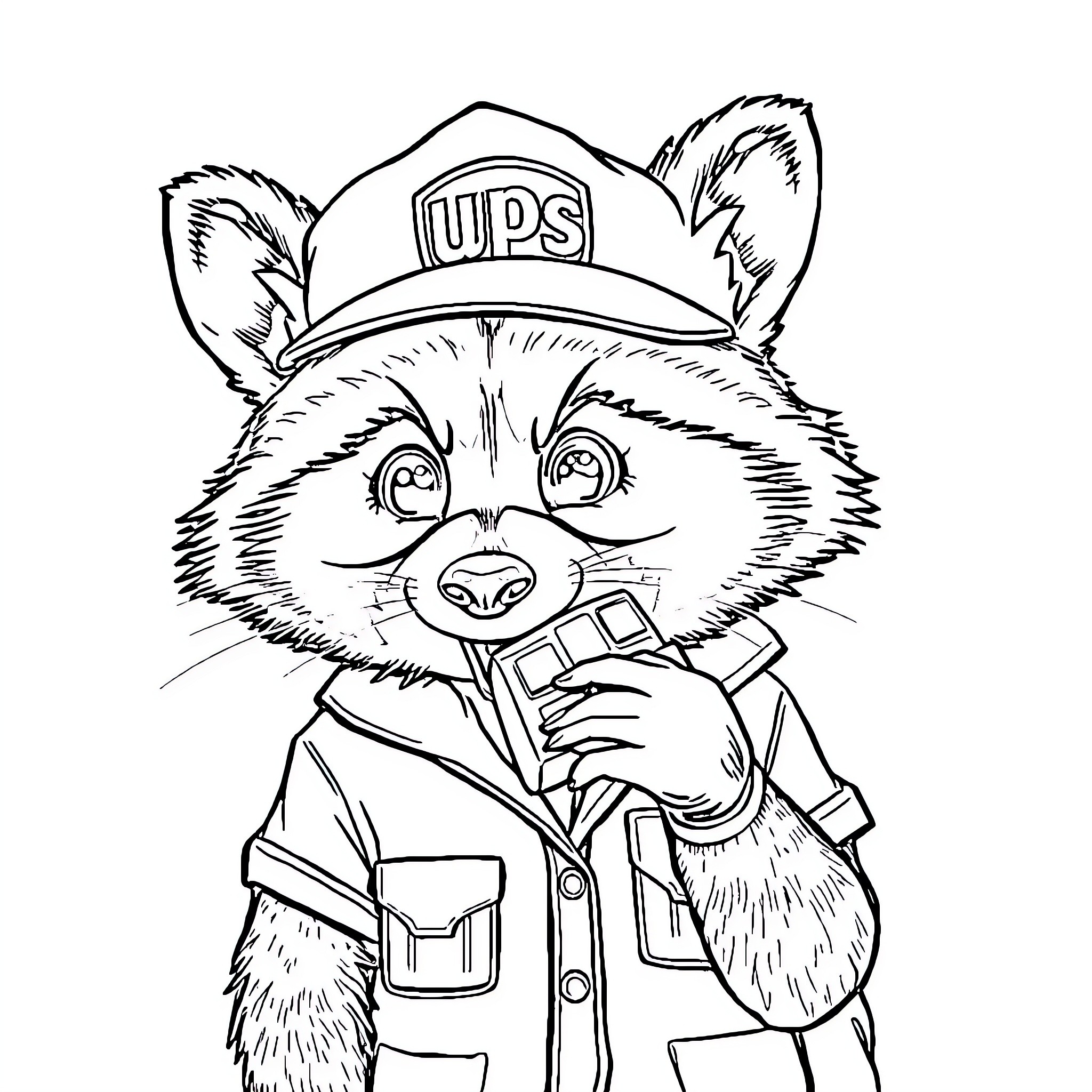 Raccoon Delivery Worker in UPS Uniform Coloring Page (free black-and-white line drawing printable PDF for all, from beginners to advanced learners, including children, teens, adults, and seniors)