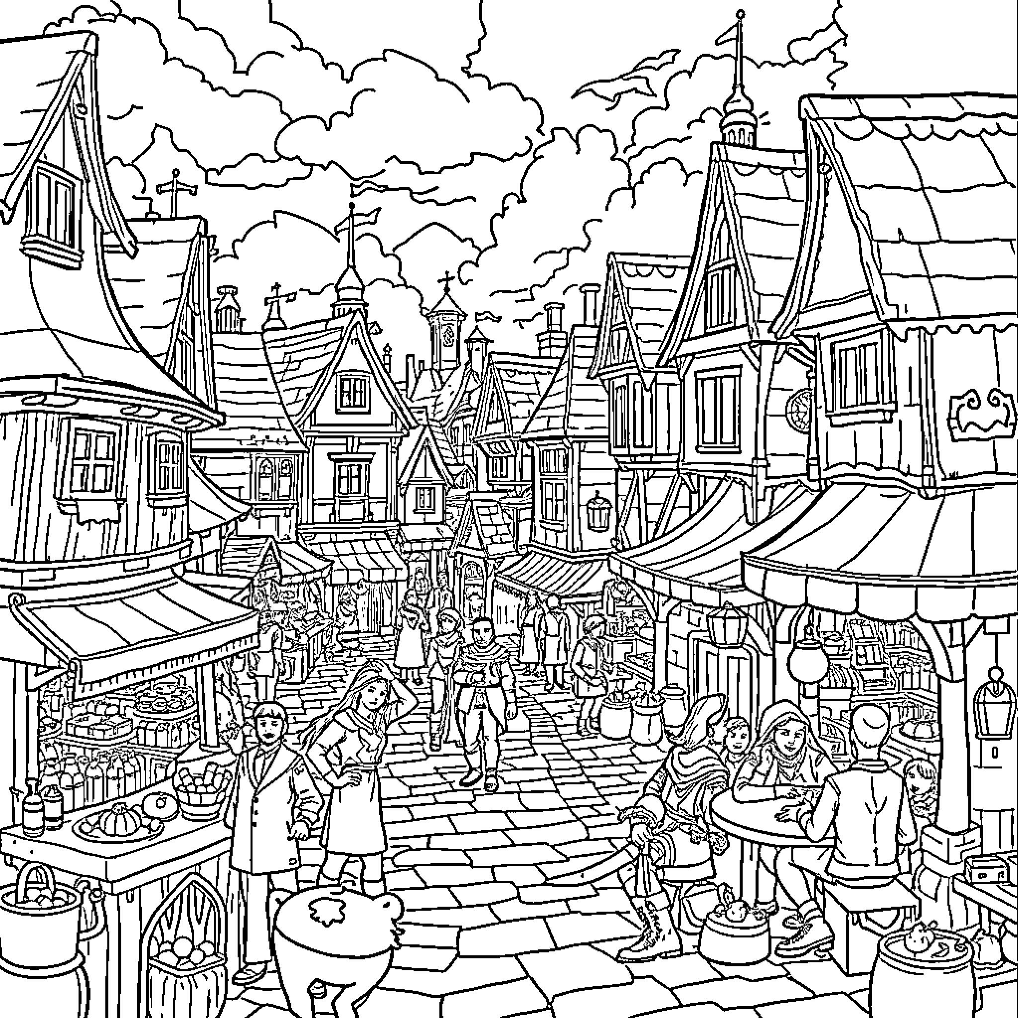 Dungeon Market Scene with Bustling Crowds and Tents Coloring Page (free black-and-white line drawing printable PDF for all, from beginners to advanced learners, including children, teens, adults, and seniors)