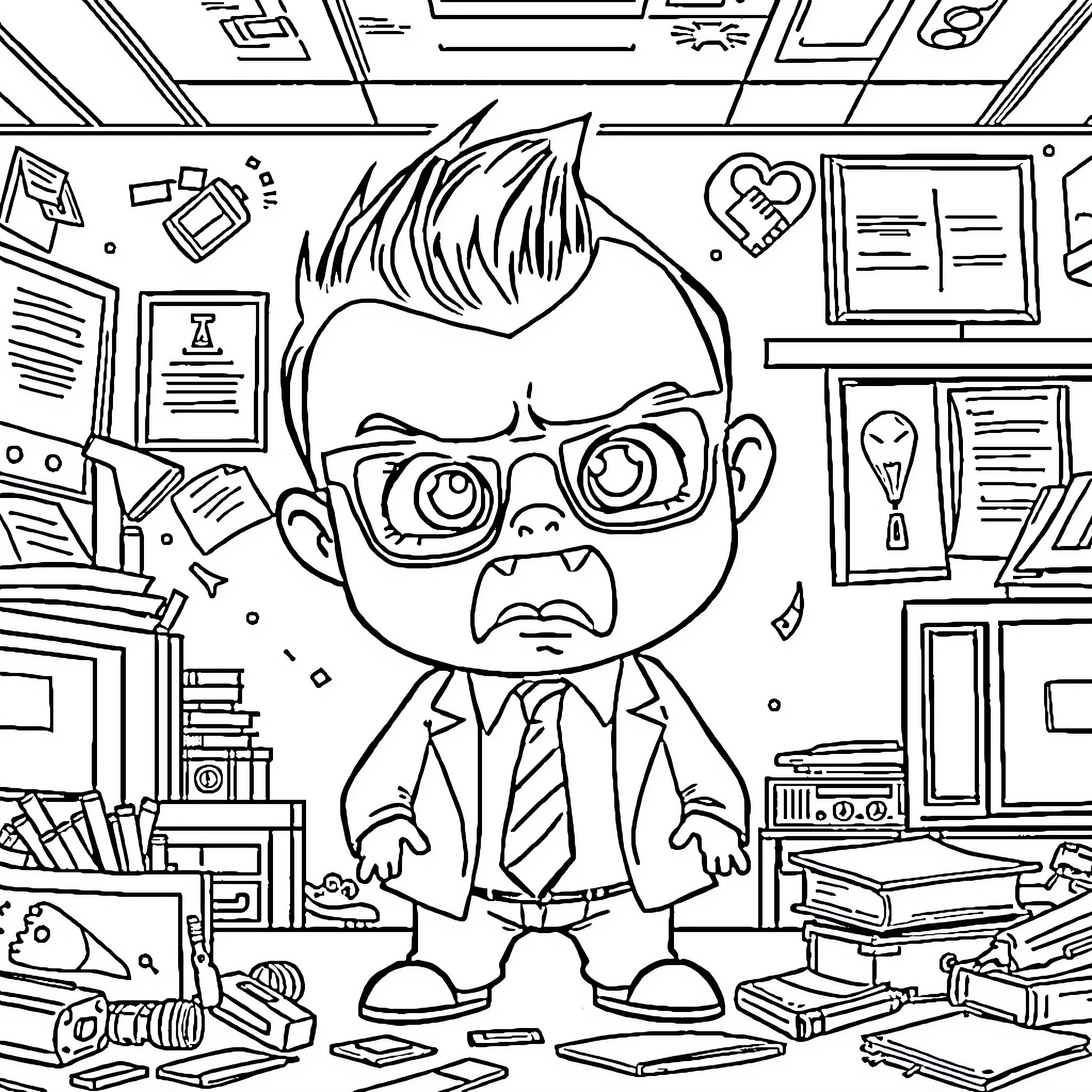 Boss Baby Chaos in the Office Coloring Page (free black-and-white line drawing printable PDF for all, from beginners to advanced learners, including children, teens, adults, and seniors)