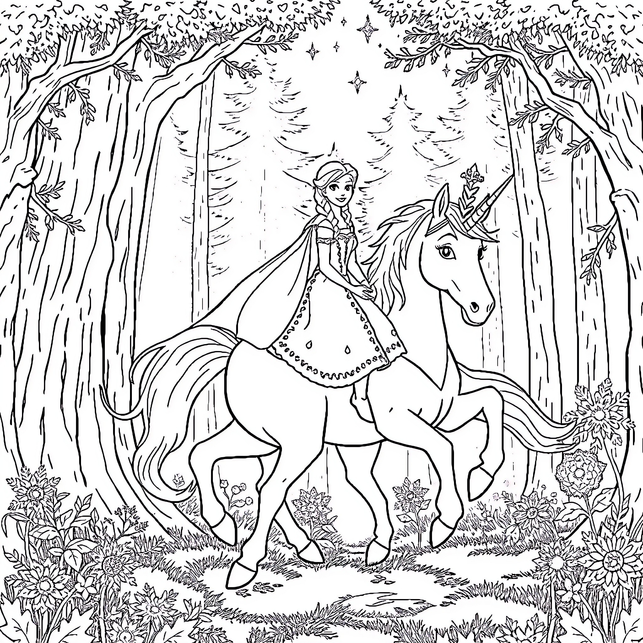 Elsa riding a magical unicorn through the enchanted forest Coloring Page (free black-and-white line drawing printable PDF for all, from beginners to advanced learners, including children, teens, adults, and seniors)