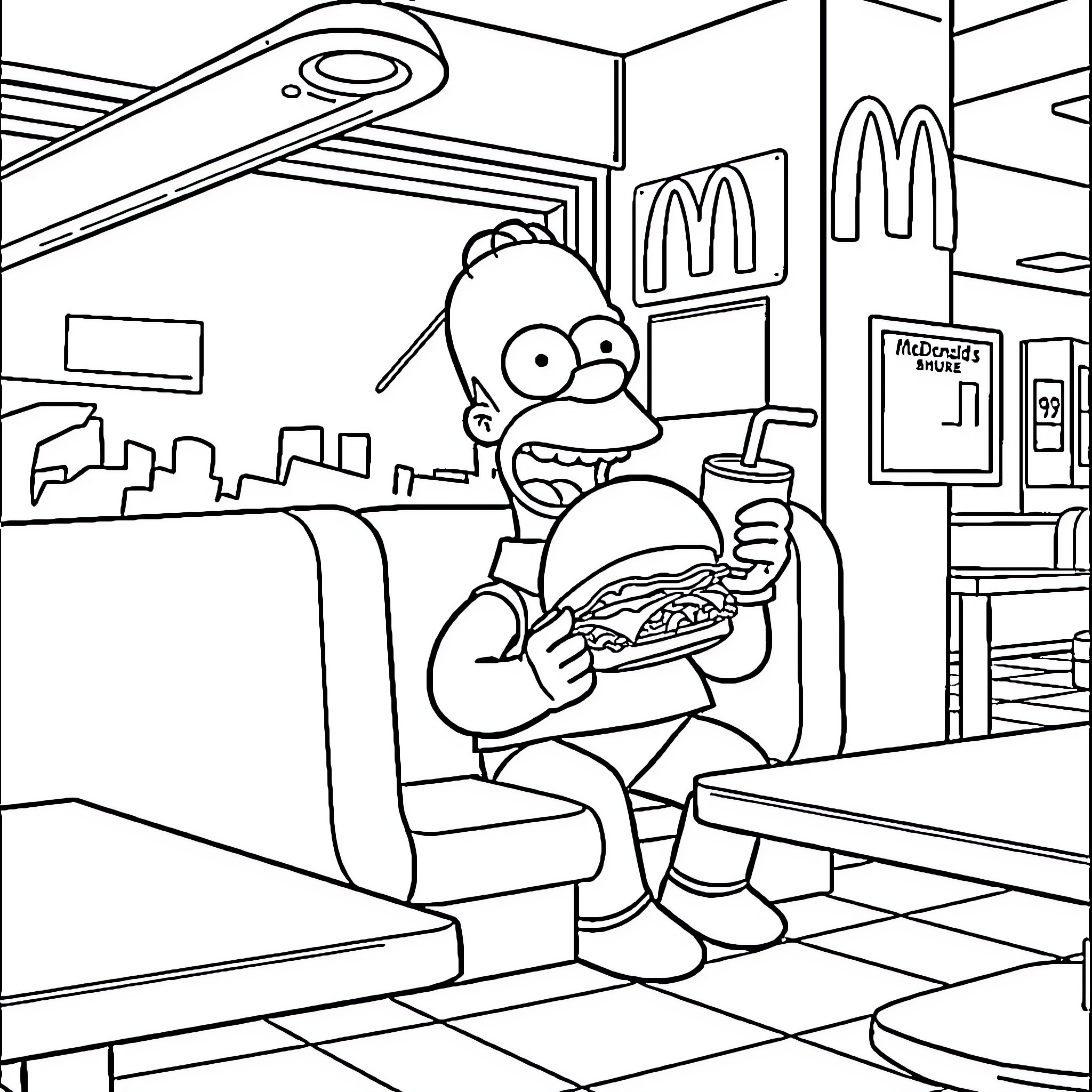 Homer Simpson enjoying a fast food meal in a diner Coloring Page (free black-and-white line drawing printable PDF for all, from beginners to advanced learners, including children, teens, adults, and seniors)