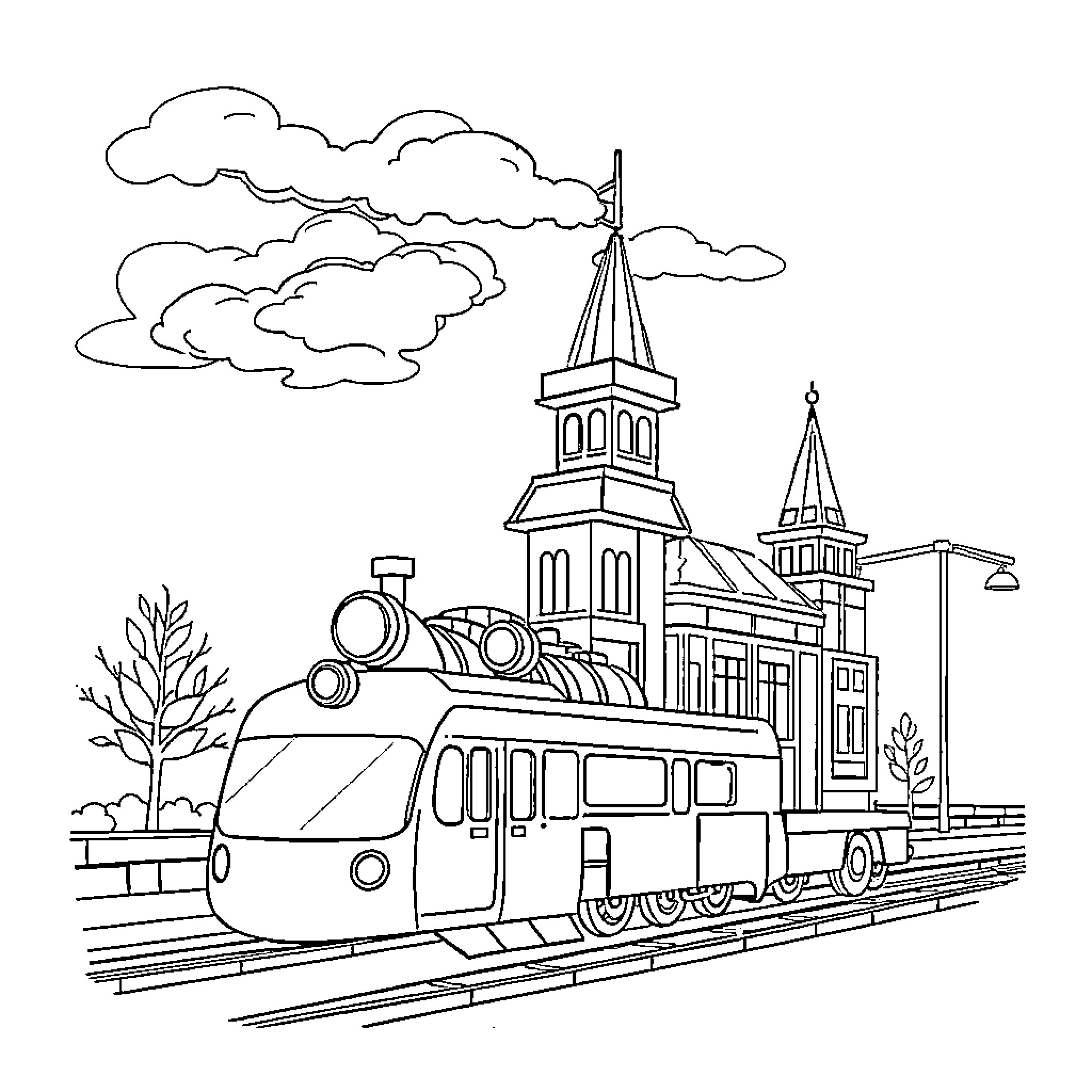 Traffic Light Train Passing by a Church Coloring Page (free black-and-white line drawing printable PDF for all, from beginners to advanced learners, including children, teens, adults, and seniors)