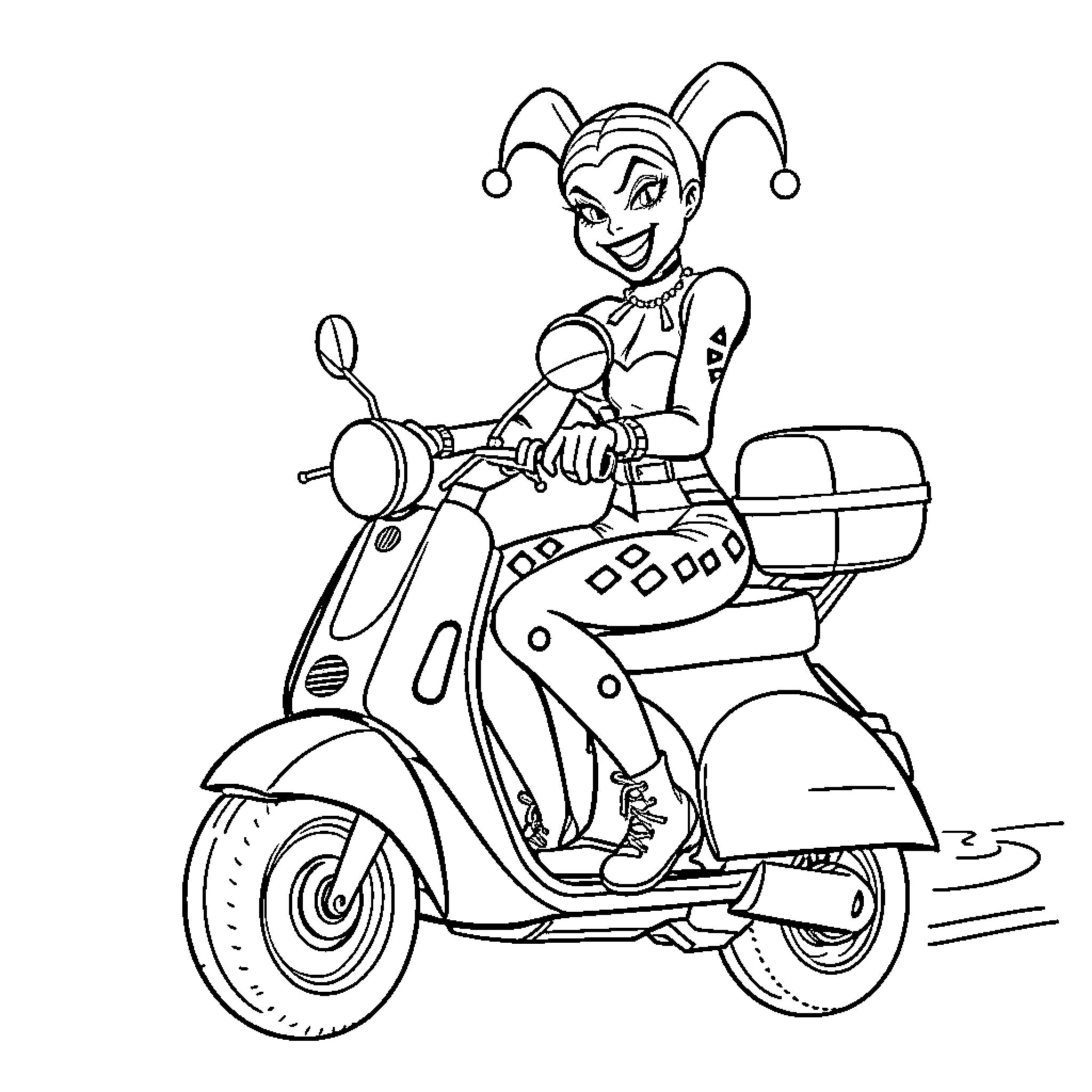 Harley Quinn smiling while riding a motor scooter Coloring Page (free black-and-white line drawing printable PDF for all, from beginners to advanced learners, including children, teens, adults, and seniors)