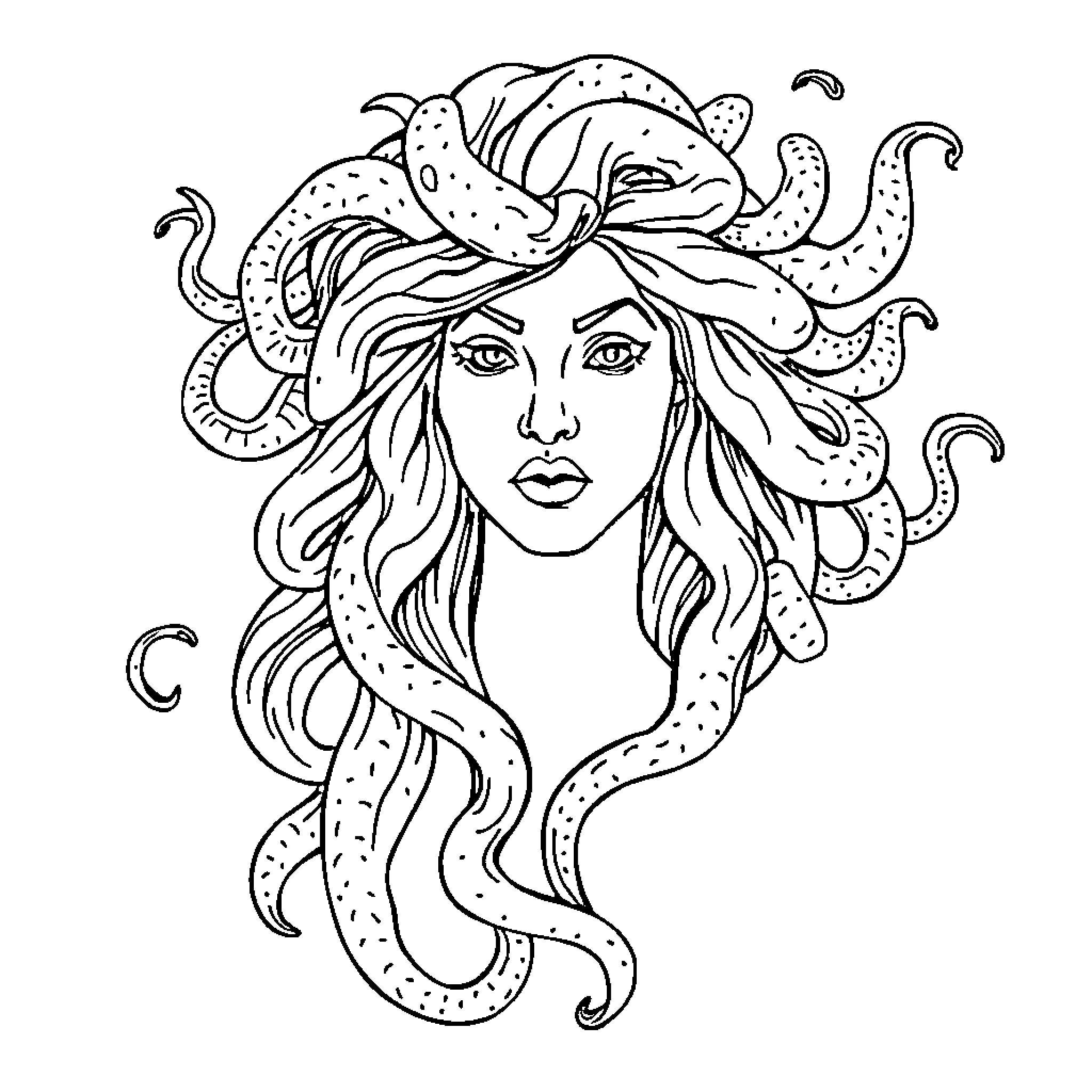 Medusa with Flowing Hair and Tentacles Coloring Page (free black-and-white line drawing printable PDF for all, from beginners to advanced learners, including children, teens, adults, and seniors)