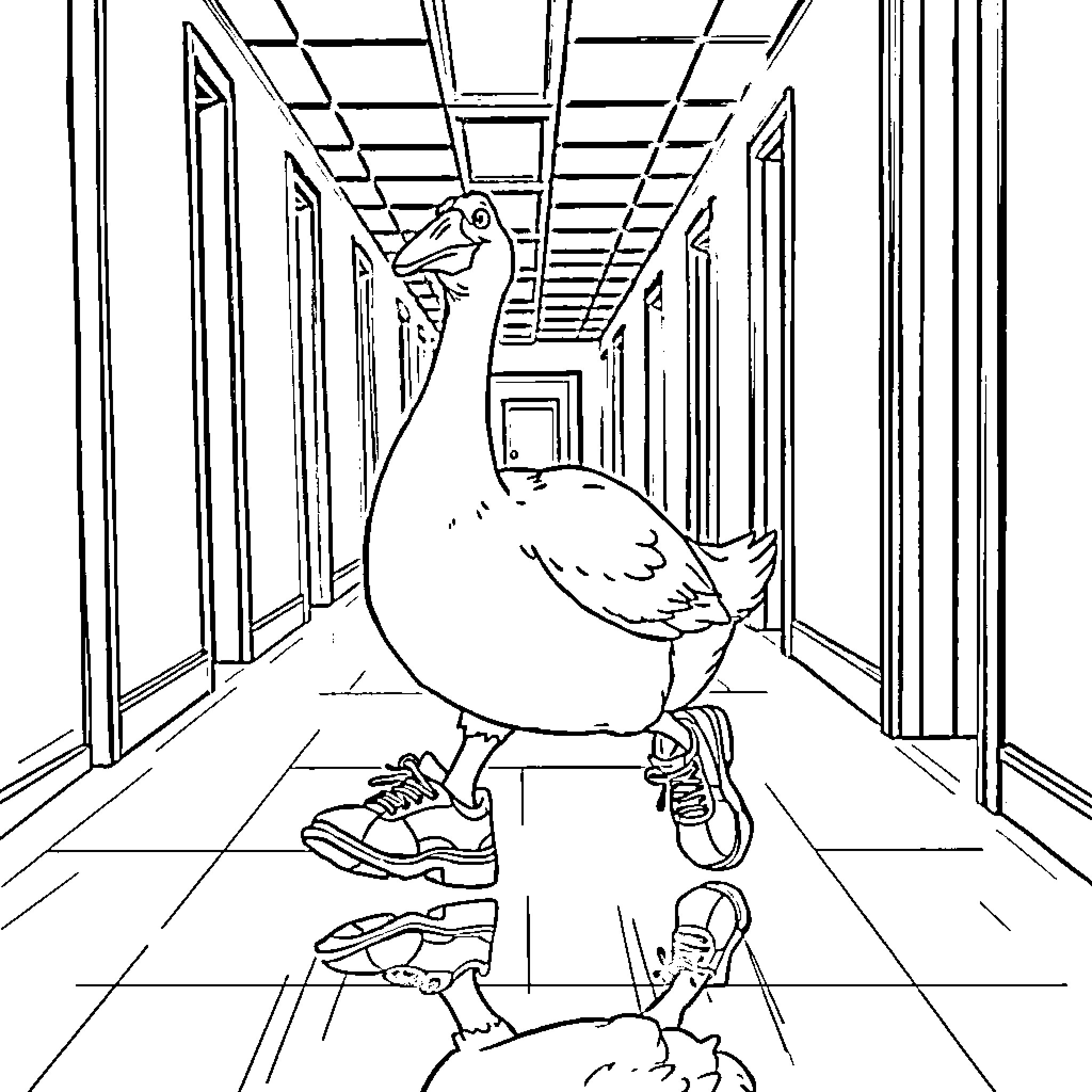 Goose waddling through empty school hallway Coloring Page (free black-and-white line drawing printable PDF for all, from beginners to advanced learners, including children, teens, adults, and seniors)