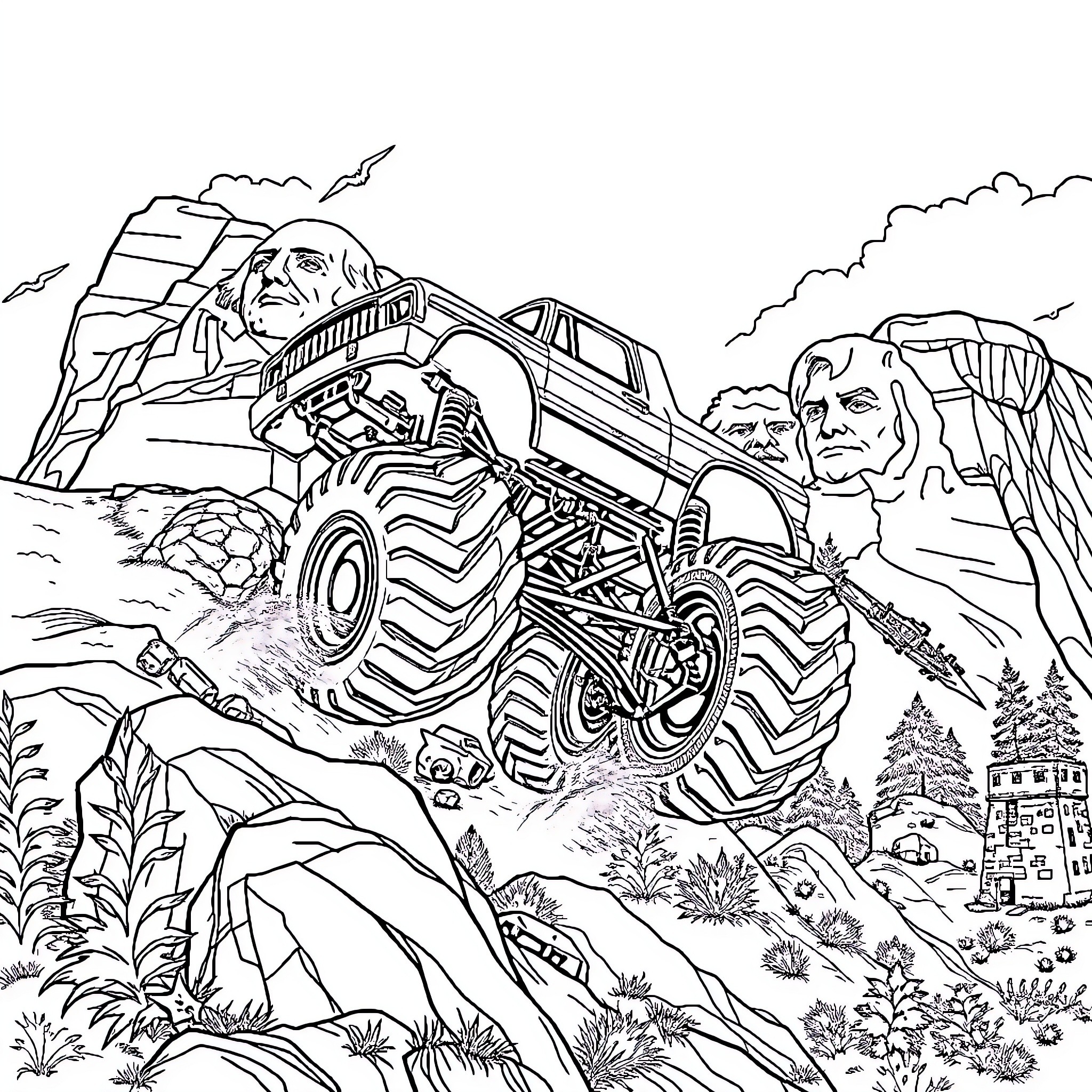 Monster Truck Navigating Rugged Terrain in the Mountains Coloring Page (free black-and-white line drawing printable PDF for all, from beginners to advanced learners, including children, teens, adults, and seniors)