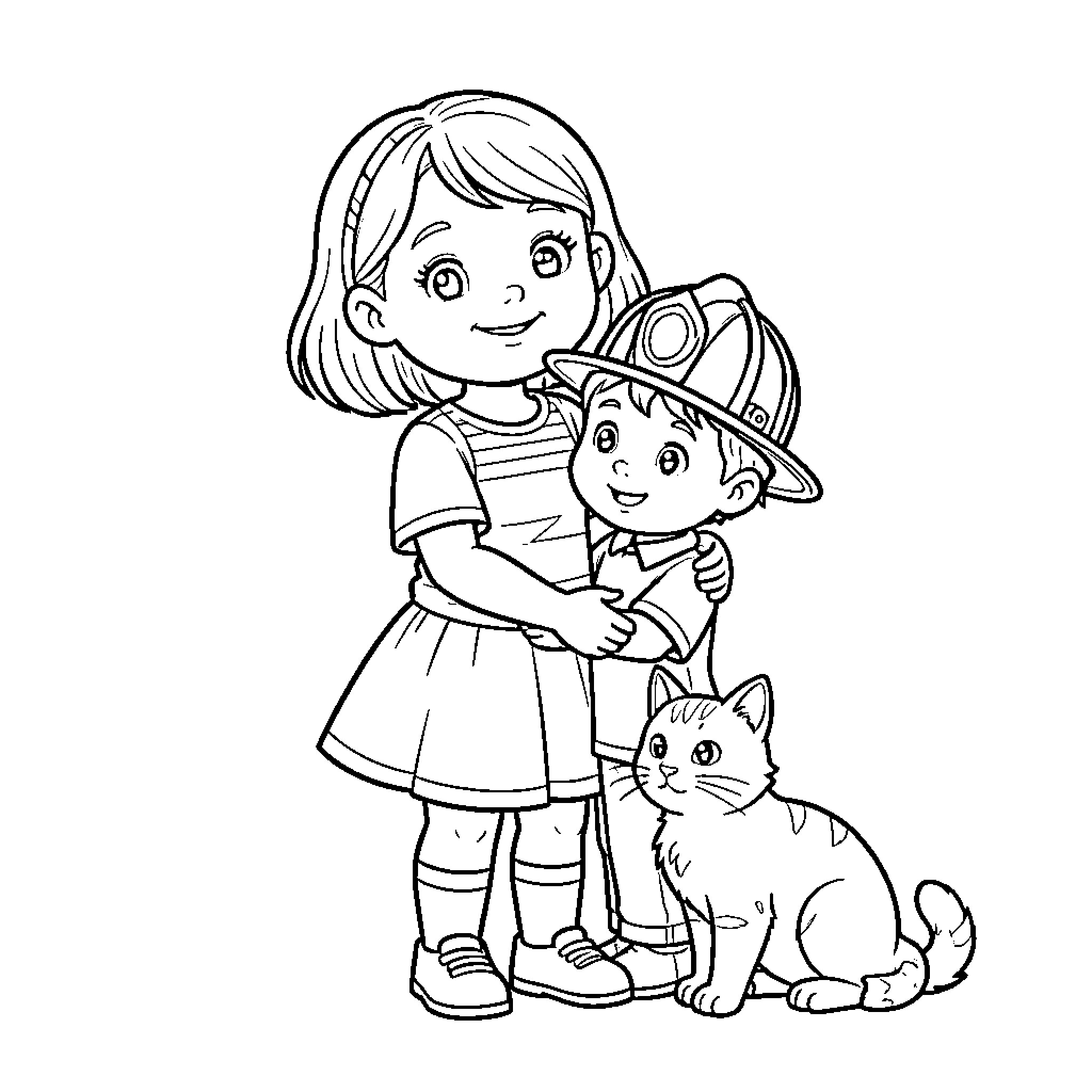 Fille hugging a young boy wearing a firefighter hat Coloring Page (free black-and-white line drawing printable PDF for all, from beginners to advanced learners, including children, teens, adults, and seniors)