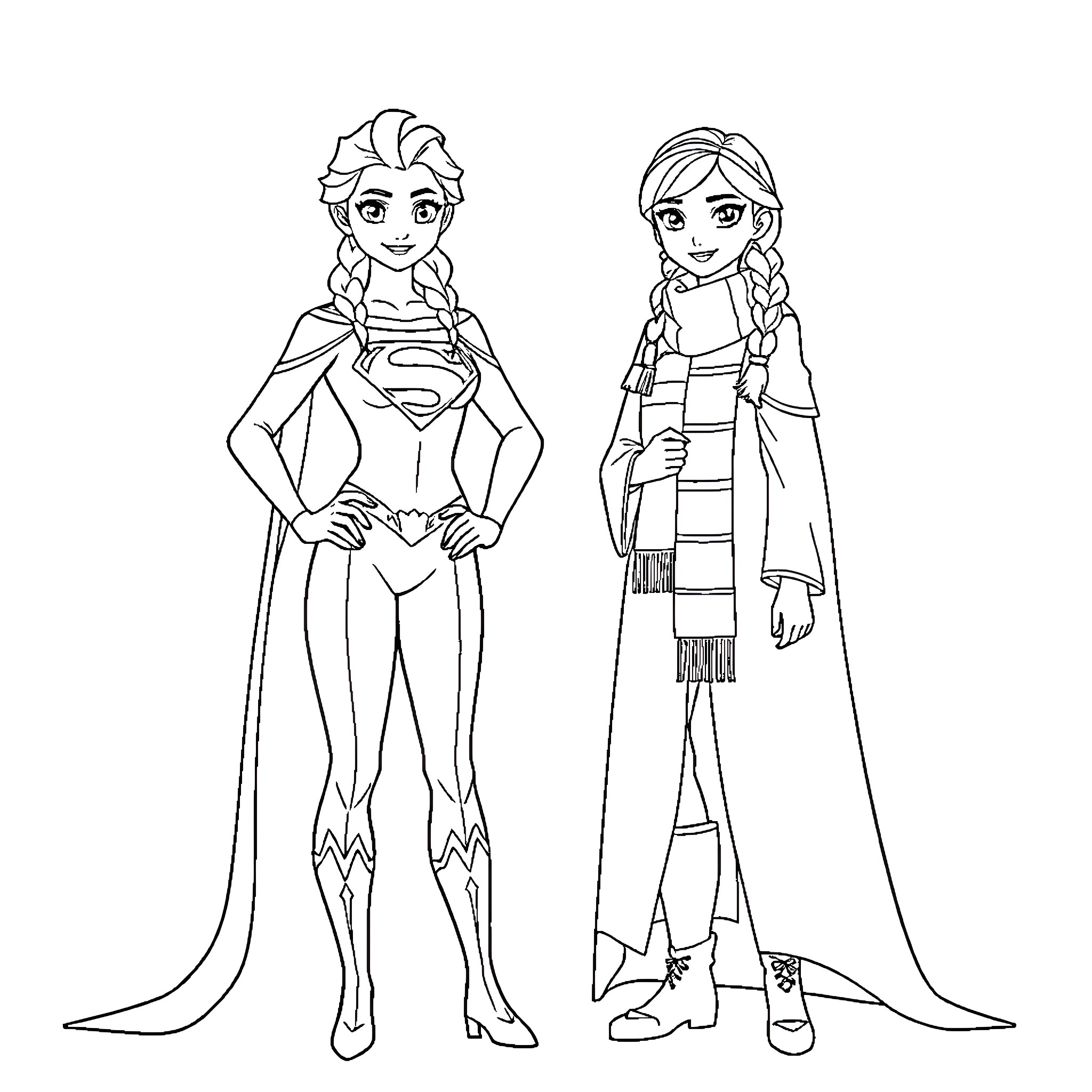 Elsa and Anna in Superhero Outfits Coloring Page (free black-and-white line drawing printable PDF for all, from beginners to advanced learners, including children, teens, adults, and seniors)