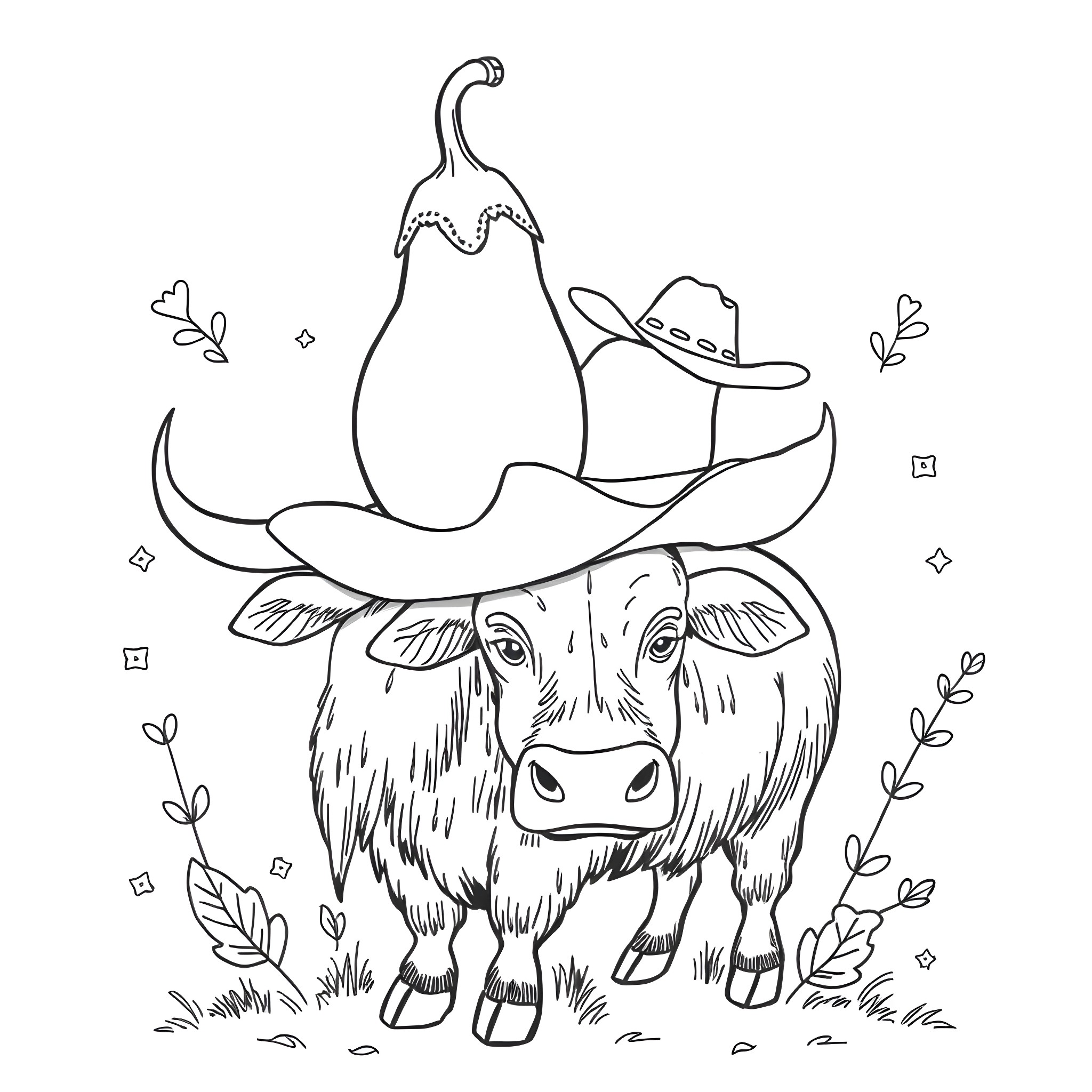 Eggplant in a cowboy hat standing near a yak Coloring Page (free black-and-white line drawing printable PDF for all, from beginners to advanced learners, including children, teens, adults, and seniors)