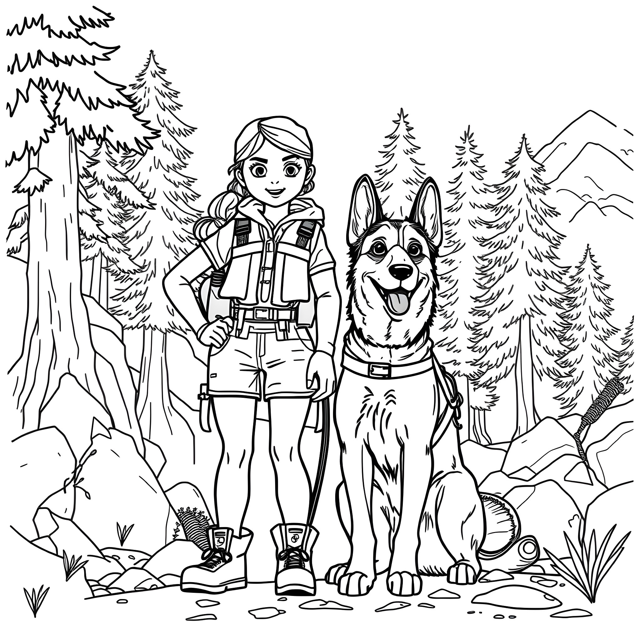 Girl with her dog exploring the mountain forest Coloring Page (free black-and-white line drawing printable PDF for all, from beginners to advanced learners, including children, teens, adults, and seniors)