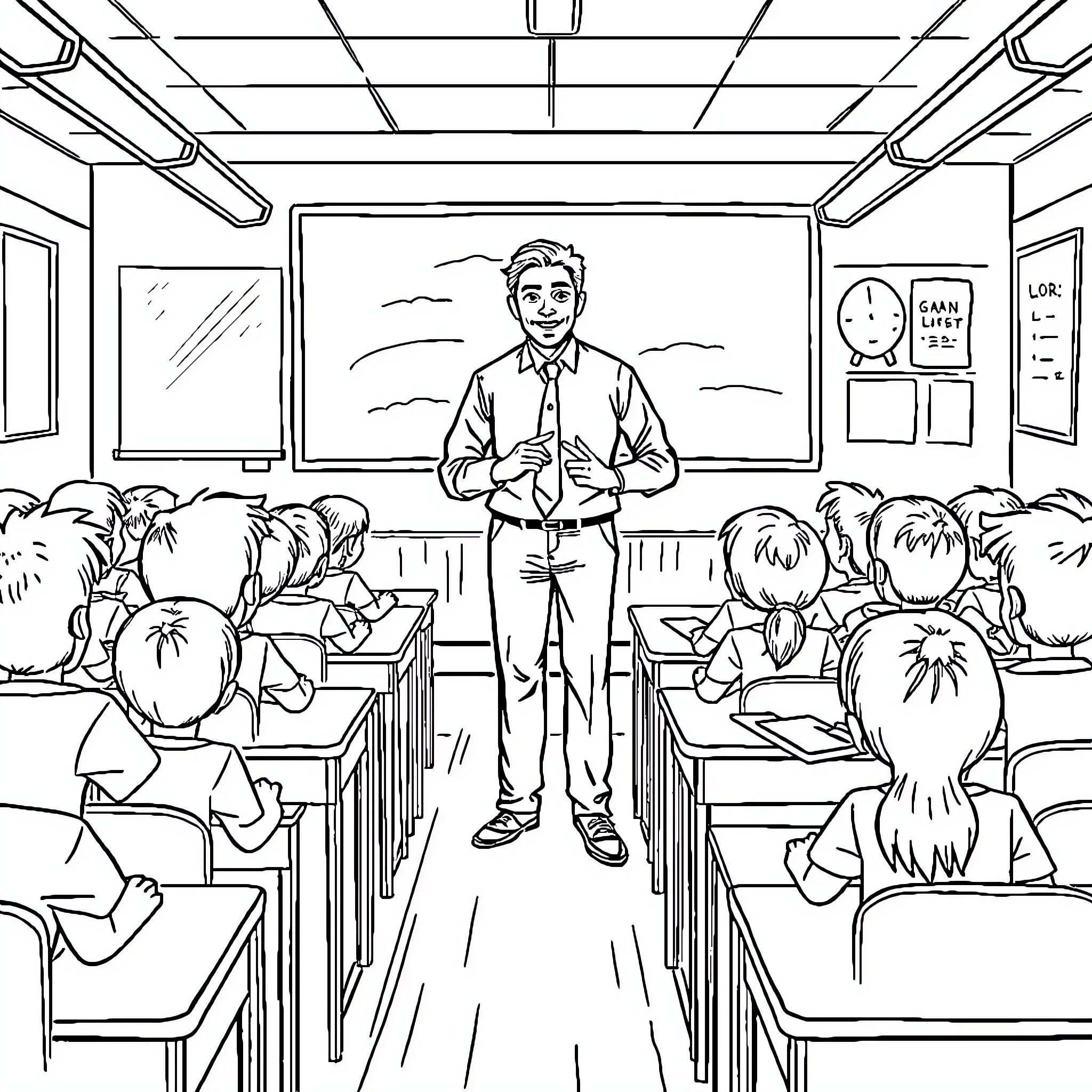 Teacher leading engaging lesson in classroom Coloring Page (free black-and-white line drawing printable PDF for all, from beginners to advanced learners, including children, teens, adults, and seniors)