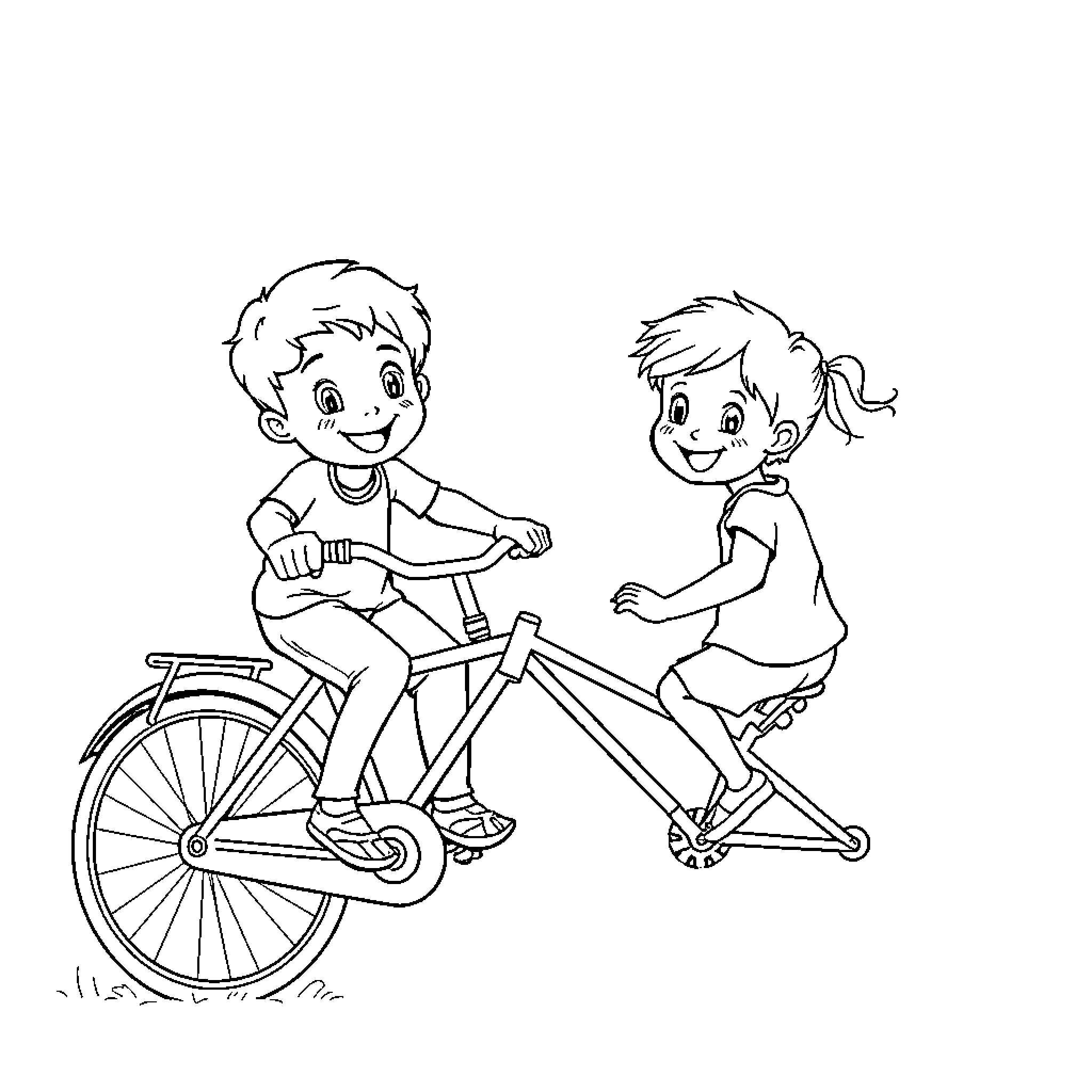 Kid duo cycling happily together Coloring Page (free black-and-white line drawing printable PDF for all, from beginners to advanced learners, including children, teens, adults, and seniors)