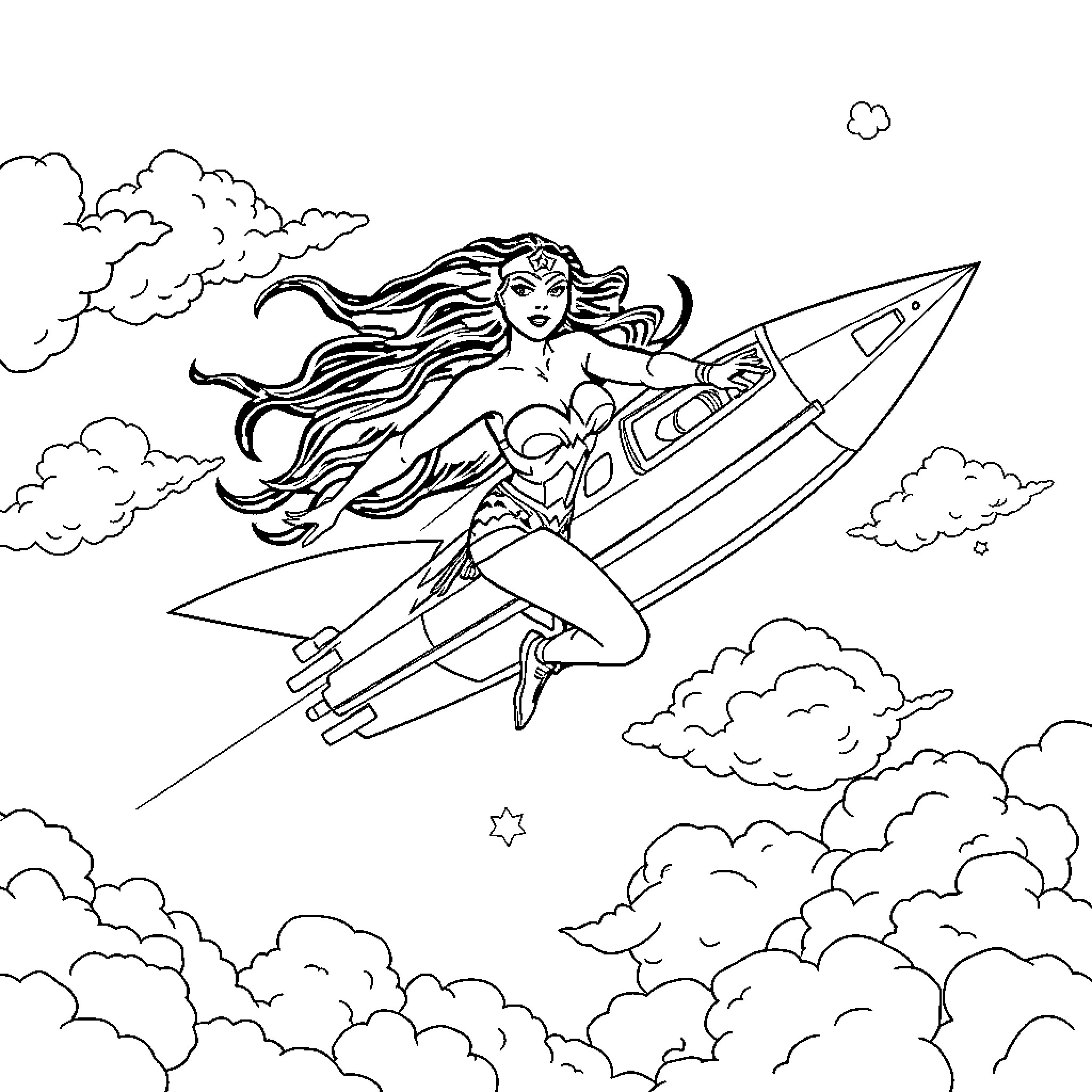 Wonder Woman soaring through the clouds on a rocket Coloring Page (free black-and-white line drawing printable PDF for all, from beginners to advanced learners, including children, teens, adults, and seniors)