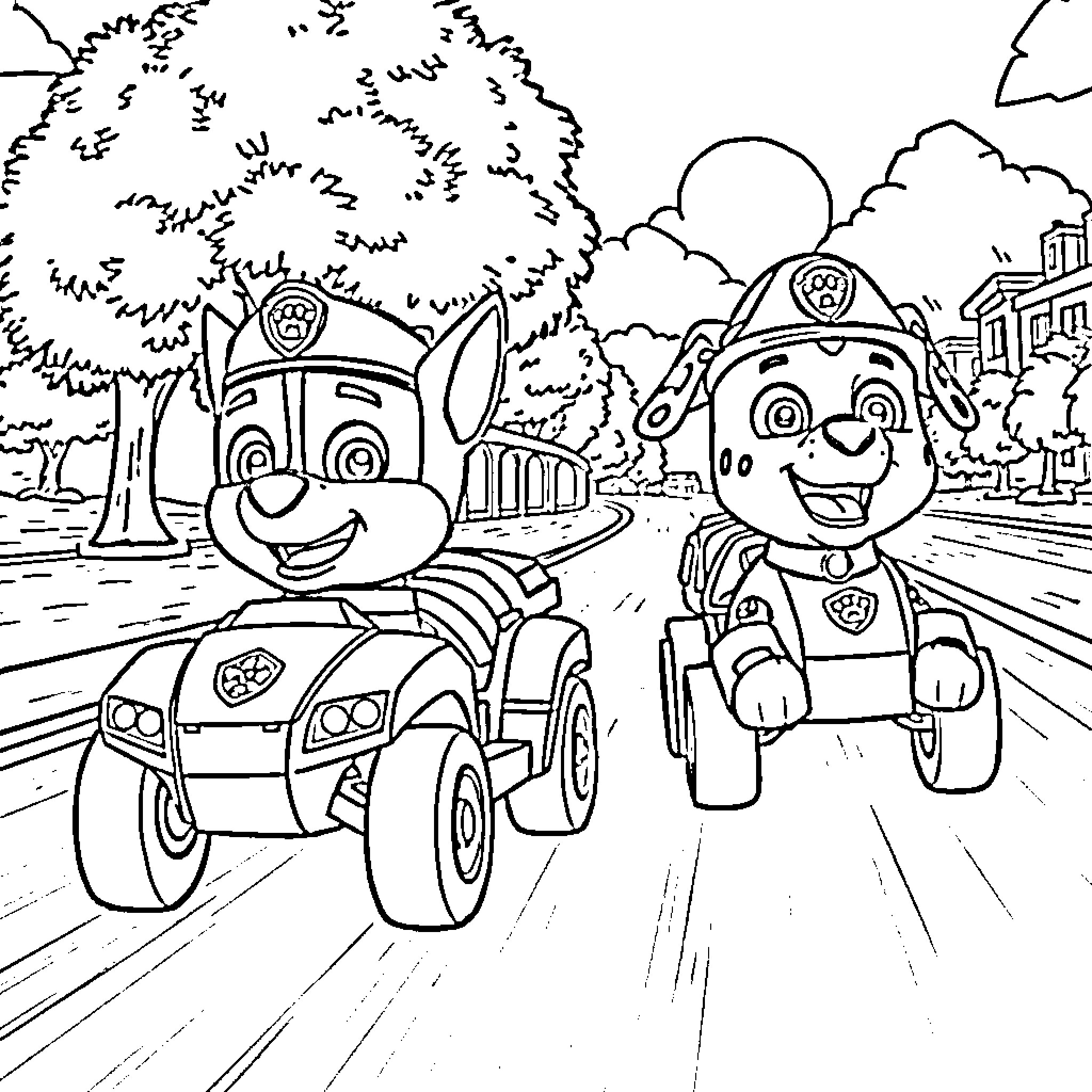 Chase through the town in Paw Patrol vehicles Coloring Page (free black-and-white line drawing printable PDF for all, from beginners to advanced learners, including children, teens, adults, and seniors)