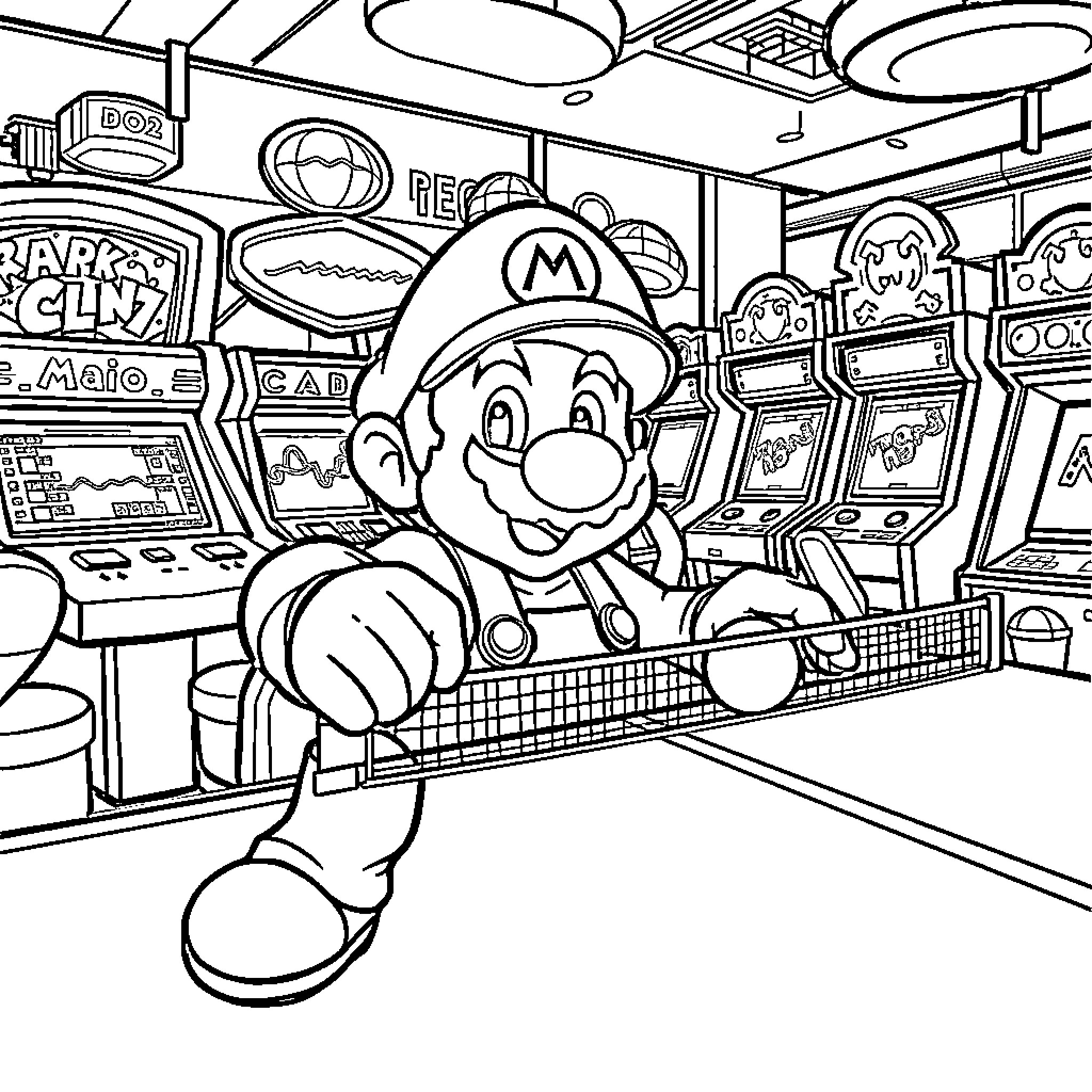 Super Mario Playing in Arcade Game Room Coloring Page (free black-and-white line drawing printable PDF for all, from beginners to advanced learners, including children, teens, adults, and seniors)