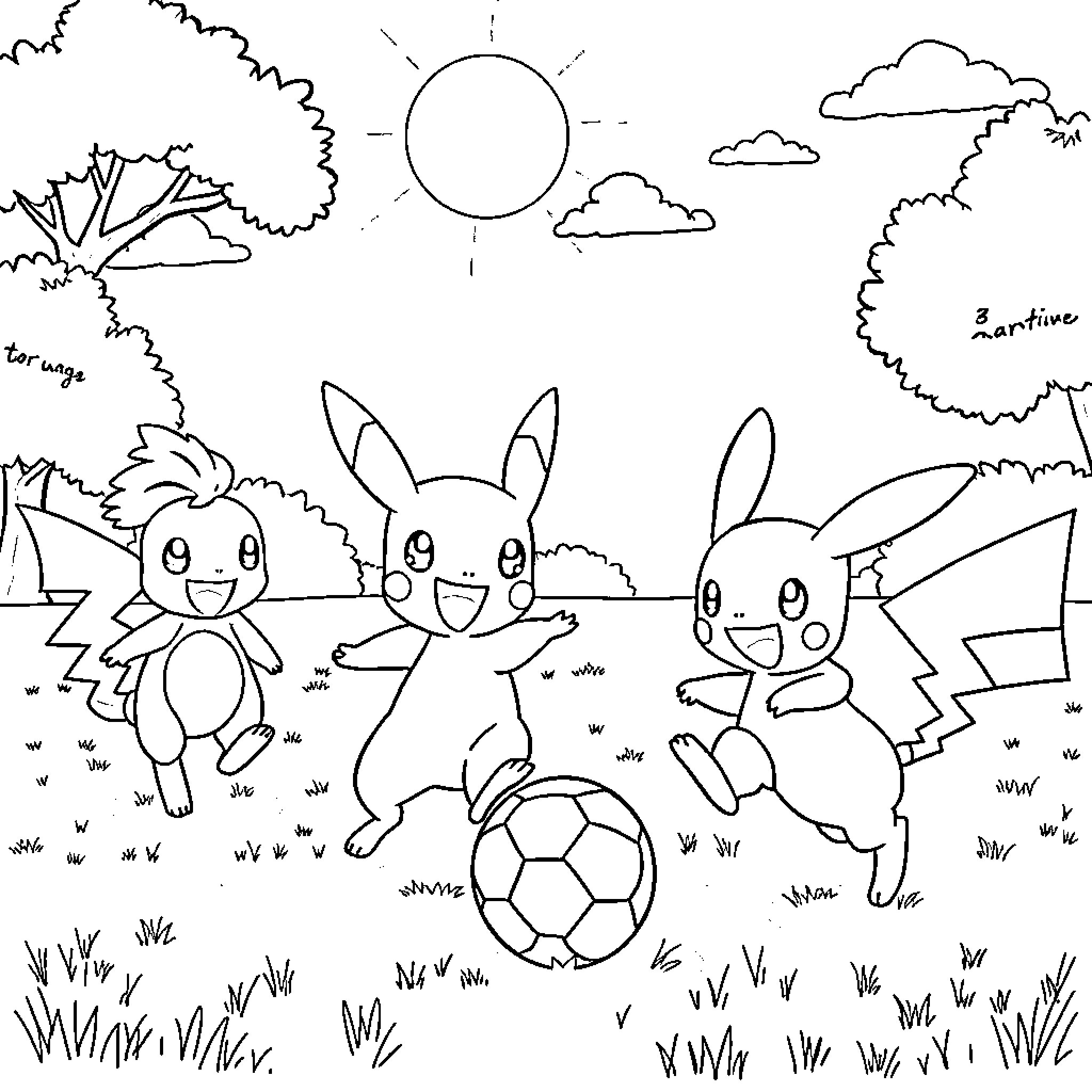 Pokémon characters playing soccer in the park Coloring Page (free black-and-white line drawing printable PDF for all, from beginners to advanced learners, including children, teens, adults, and seniors)