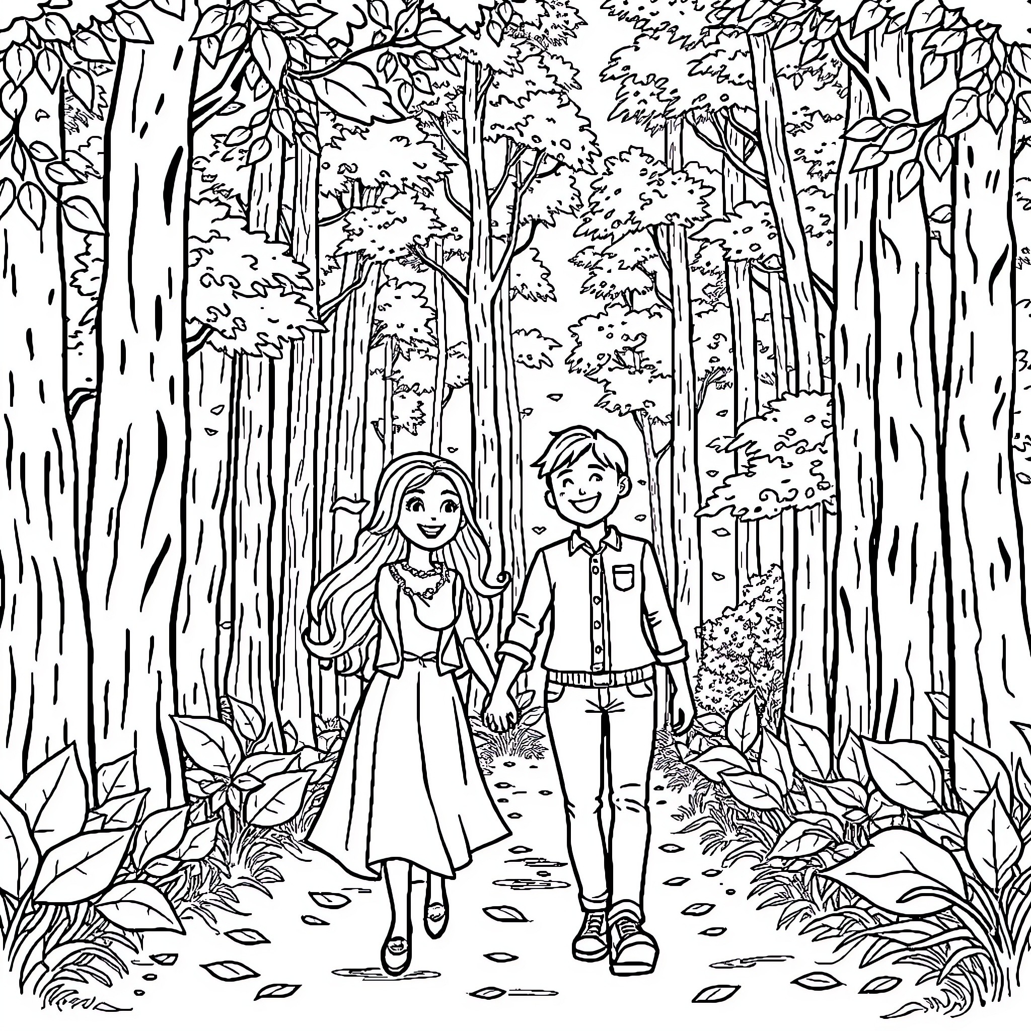 Couple exploring the lush forest Coloring Page (free black-and-white line drawing printable PDF for all, from beginners to advanced learners, including children, teens, adults, and seniors)